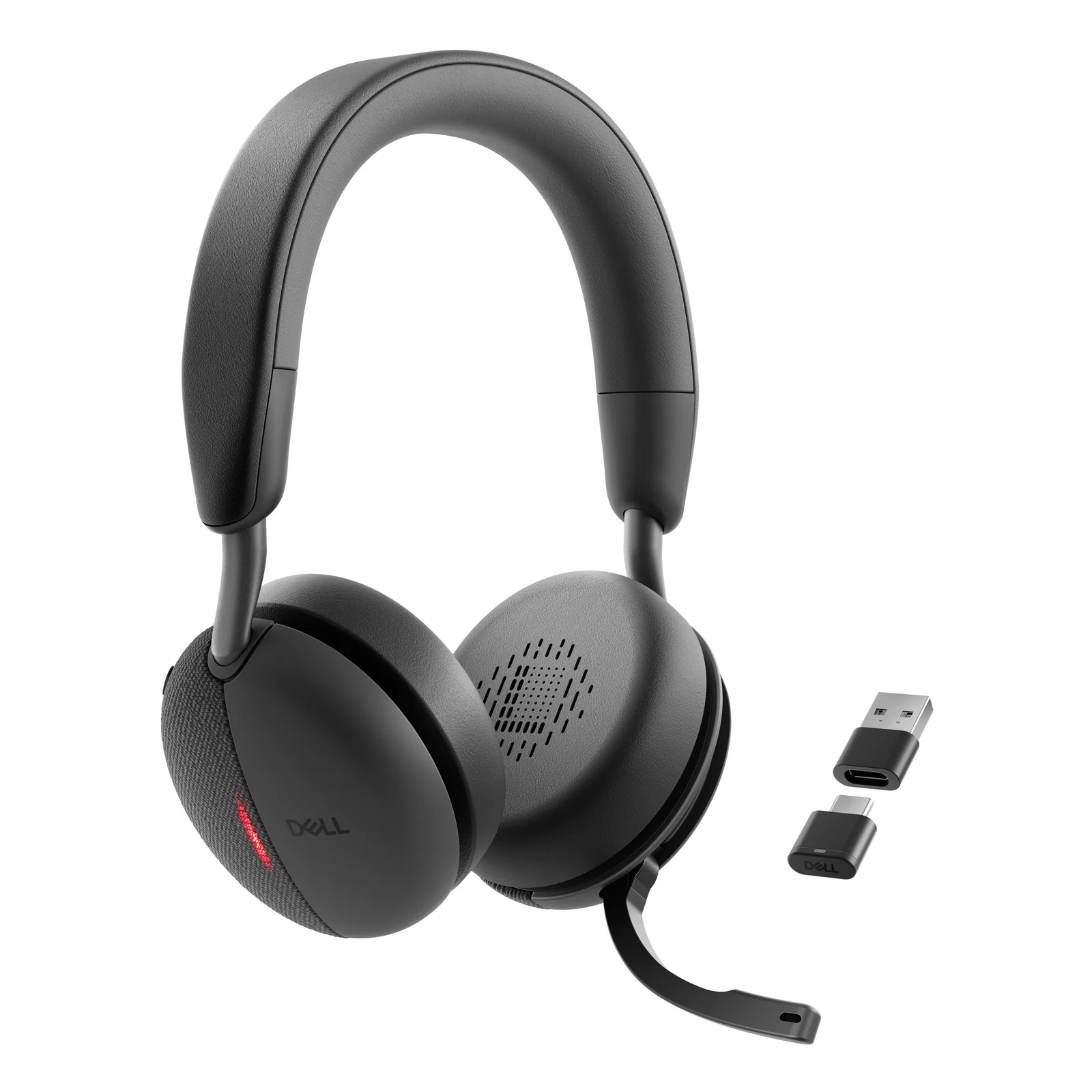 Vue trois quarts du casque avec micro-tige déployé et accessoires dongle USB-C et adaptateur USB-A