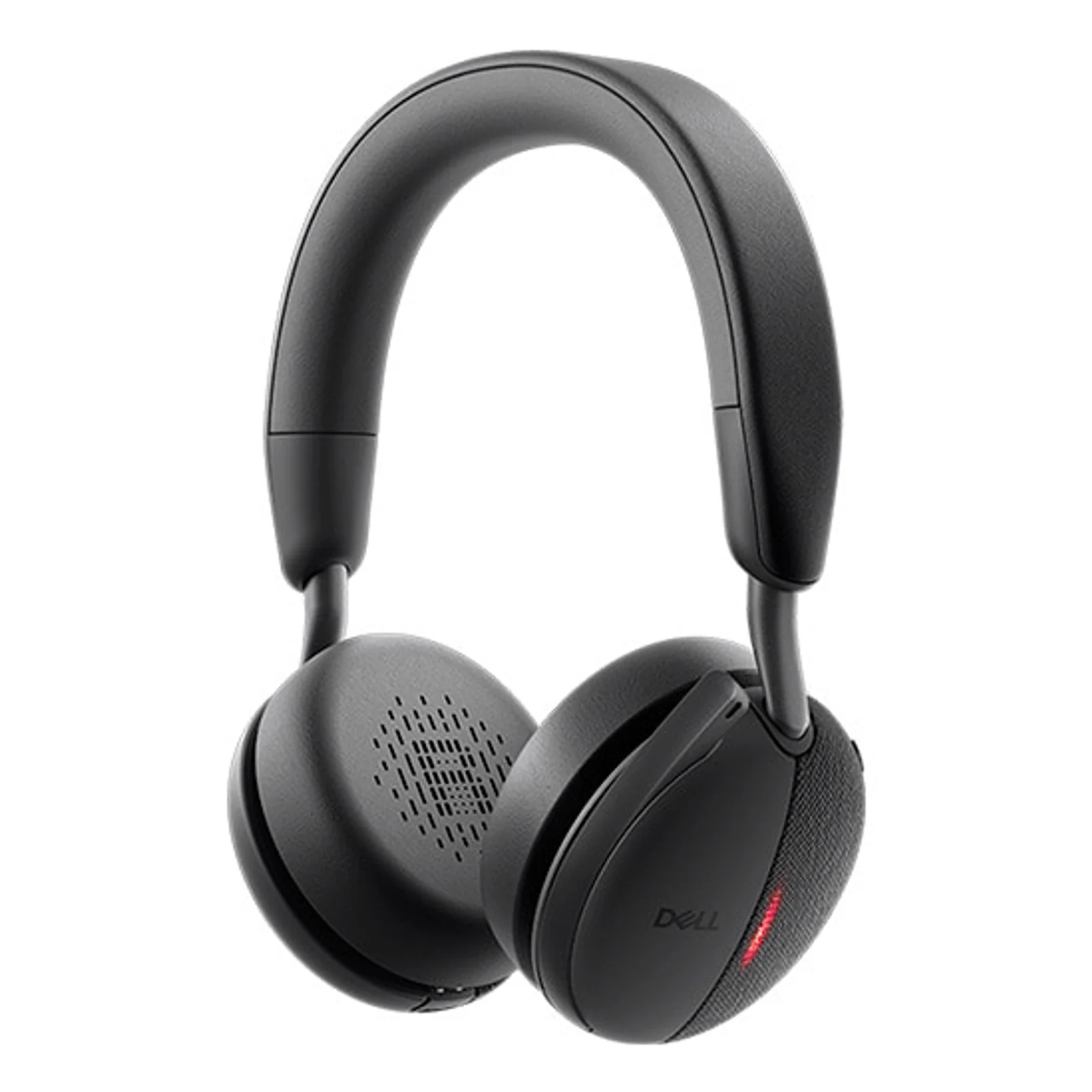 Vue trois quarts du casque arceau noir avec micro masqué et coque tissu logo Dell