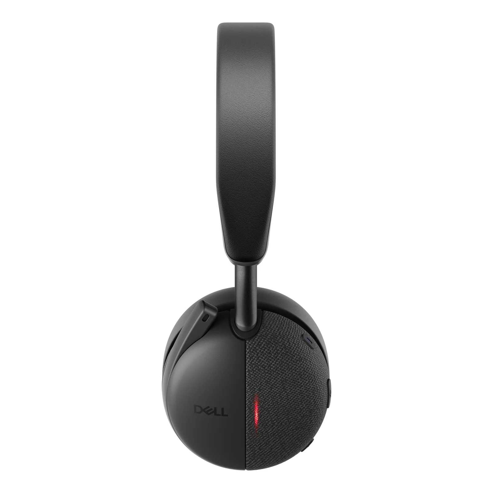 Vue latérale gauche du casque montrant coque ronde tissu, logo Dell et voyant d'occupation rouge