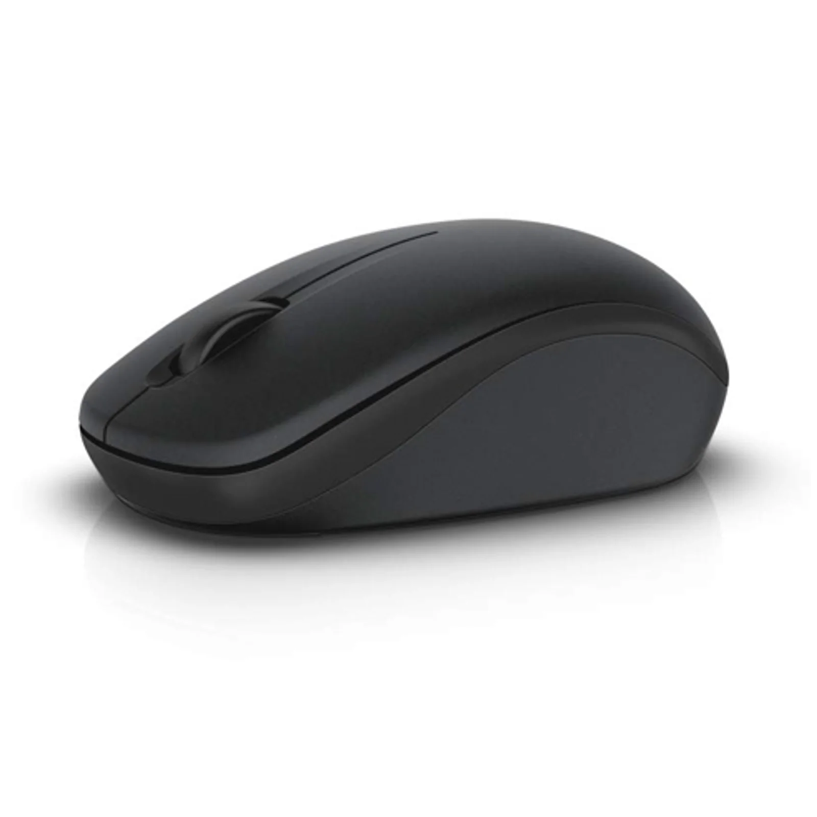 Souris sans fil Dell WM126 noire, vue trois quarts face droite, profil arrondi visible