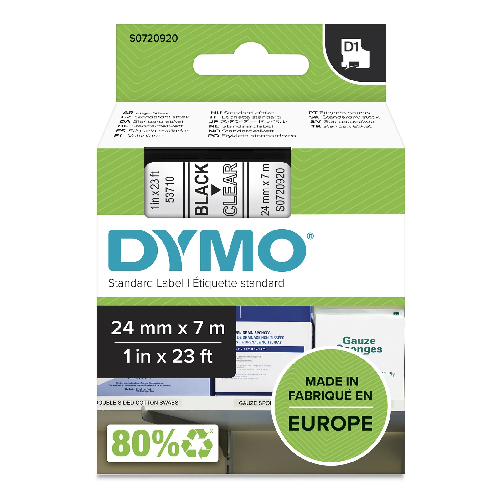 D1 étiquettes autocollantes authentiques | 24mm x 7m | Noir sur Transparent | pour étiqueteuses LabelManager