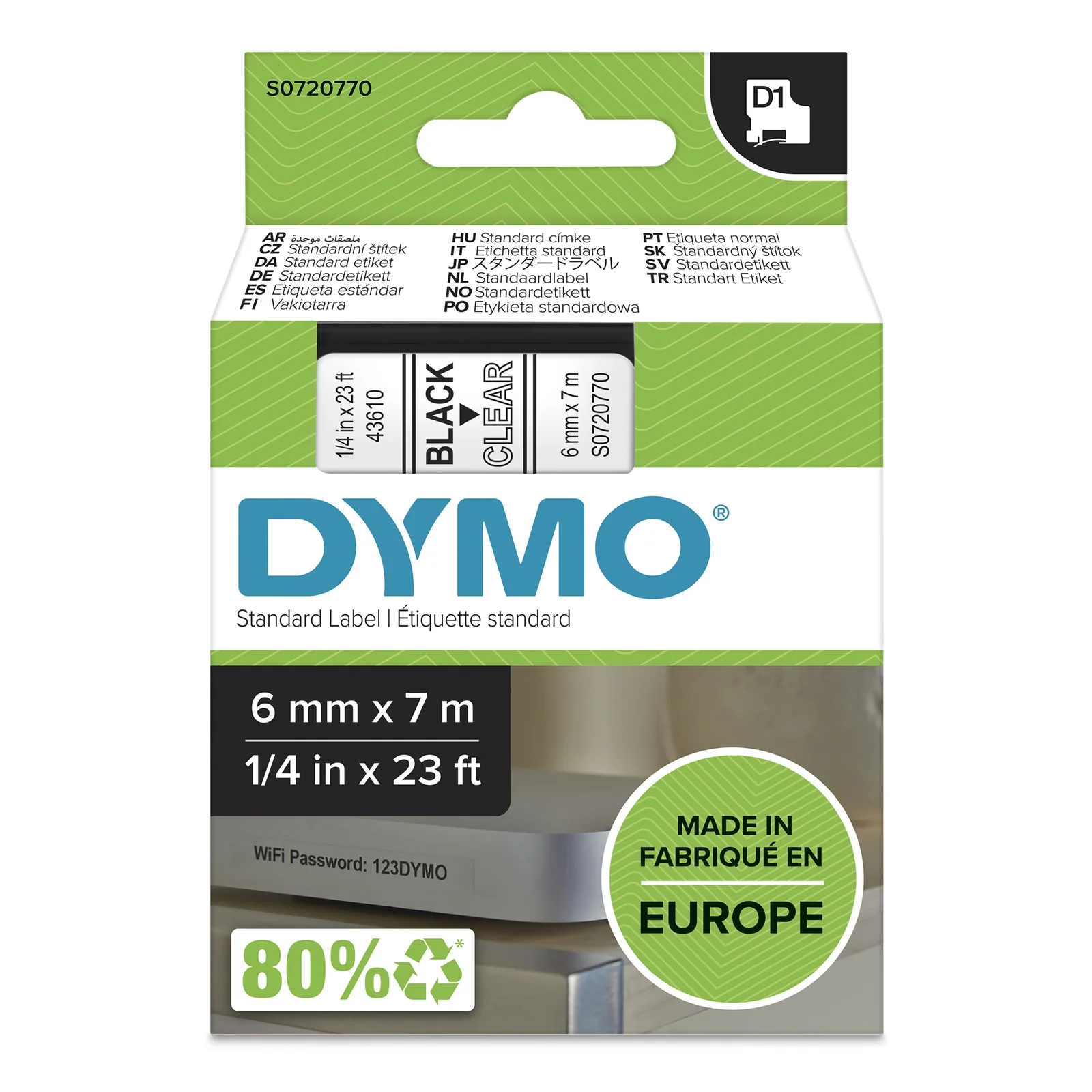 DYMO D1 étiquettes autocollantes authentiques de hautes performances en polyester | 6mm x 7m | impression en noir sur fond transparent | pour étiqueteuses LabelManager