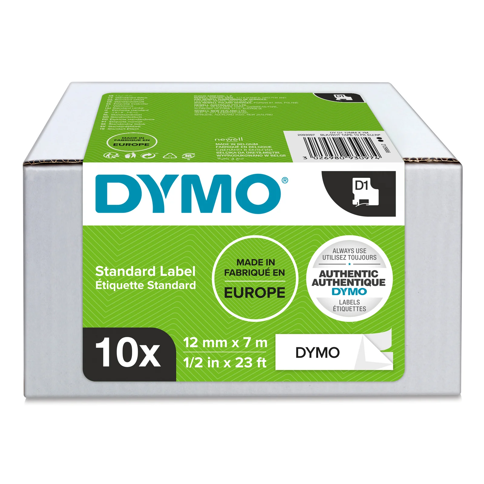 D1 étiquettes autocollantes authentiques | impression en noir sur fond blanc | 12 mm x 7 m | pour étiqueteuses LabelManager | 10 rouleaux
