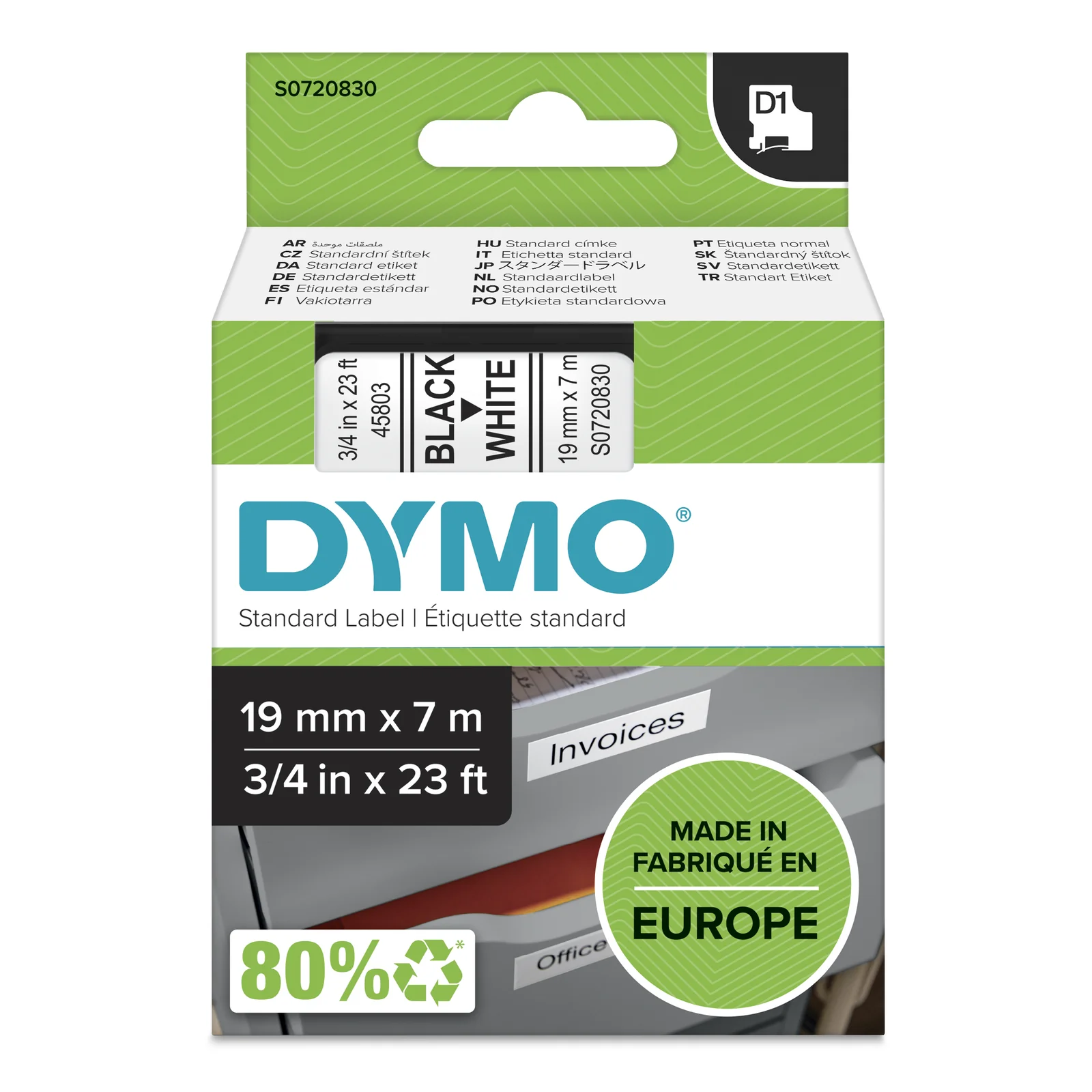 DYMO D1 étiquettes autocollantes authentiques | impression en noir sur fond blanc | 19 mm x 7 m | pour étiqueteuses LabelManager
