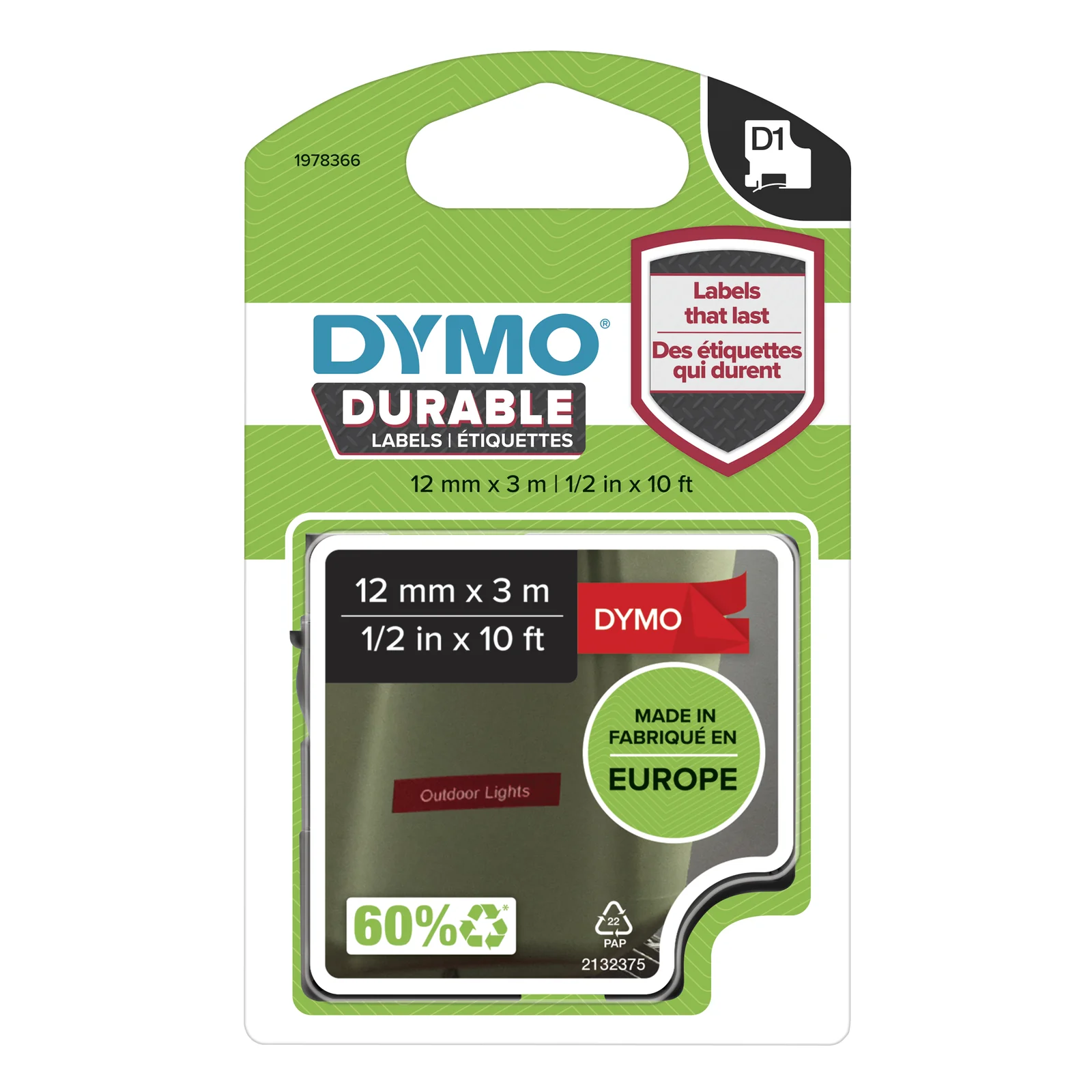 DYMO D1 Étiquettes résistantes | 12mm x 3m | impression en blanc sur fond rouge | autocollantes étiquettes authentiques pour étiqueteuses LabelManager