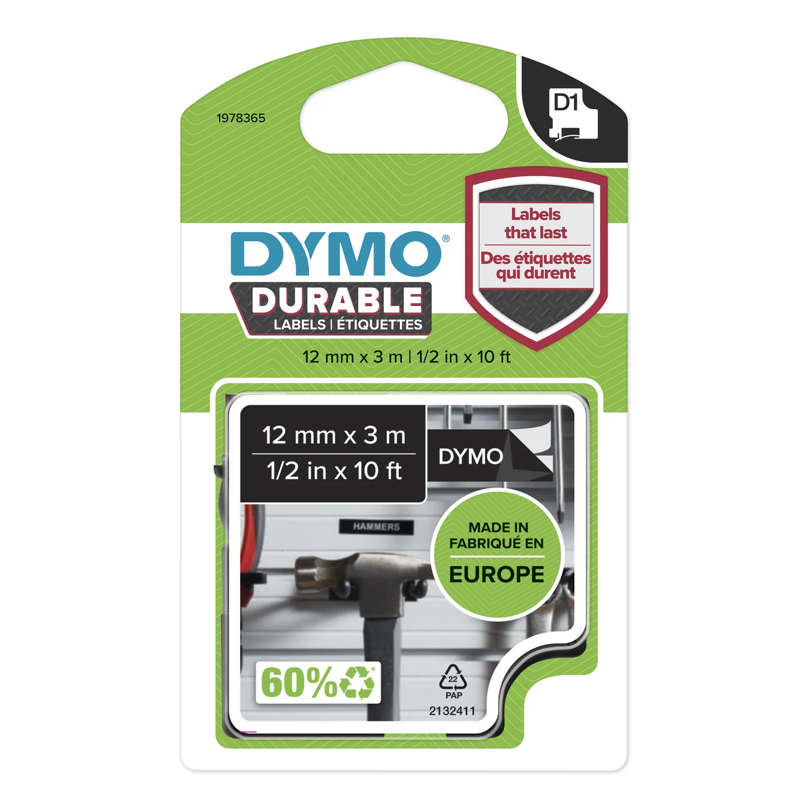 DYMO D1 Étiquettes résistantes | 12mm x 5,5m | impression en blanc sur fond noir | autocollantes étiquettes authentiques pour étiqueteuses LabelManager