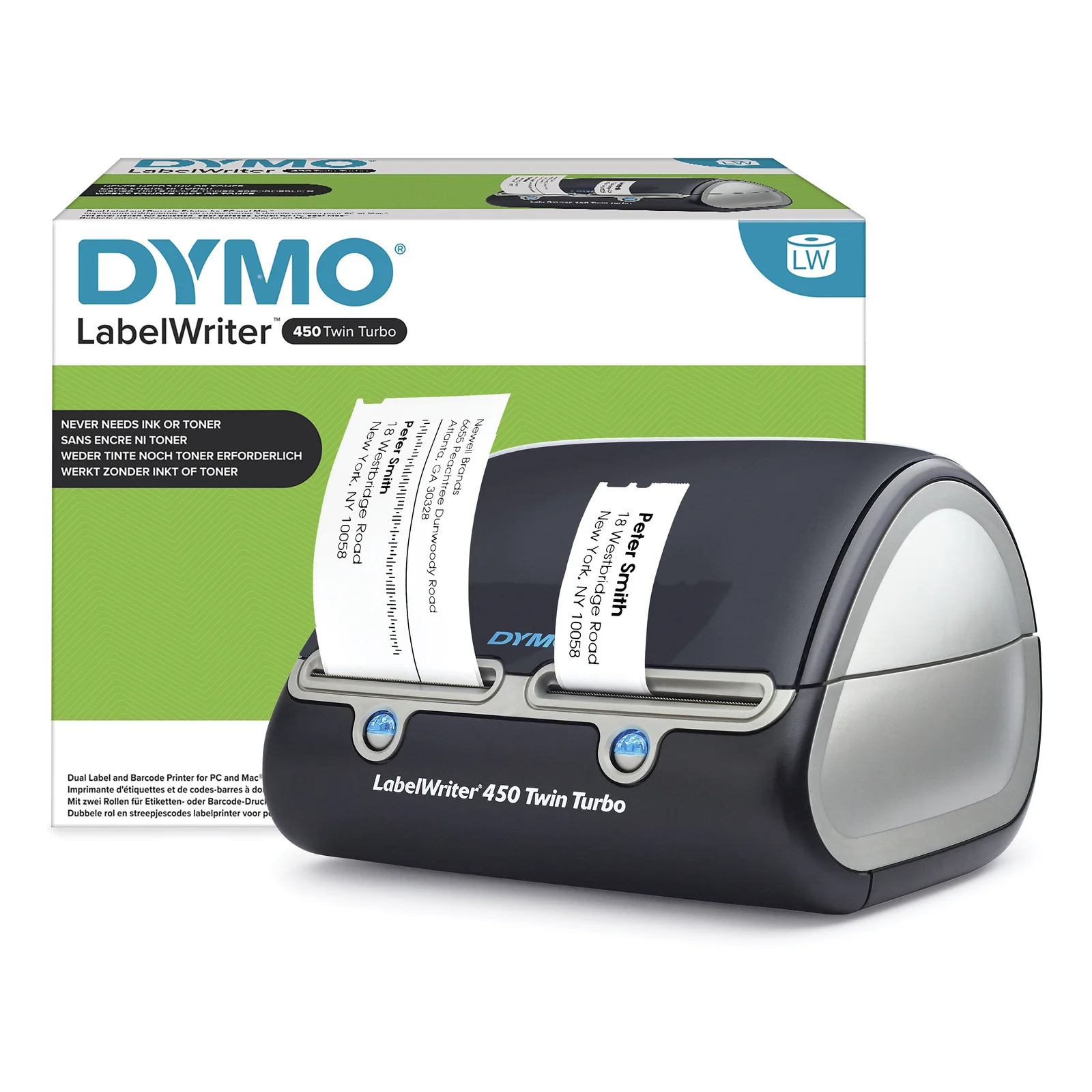LabelWriter 450 Twin Turbo Imprimante d'étiquettes | papier thermique | 600 x 300 ppp | jusqu'à 71 étiquettes/minute | capacité : 2 rouleaux | Noir / argent