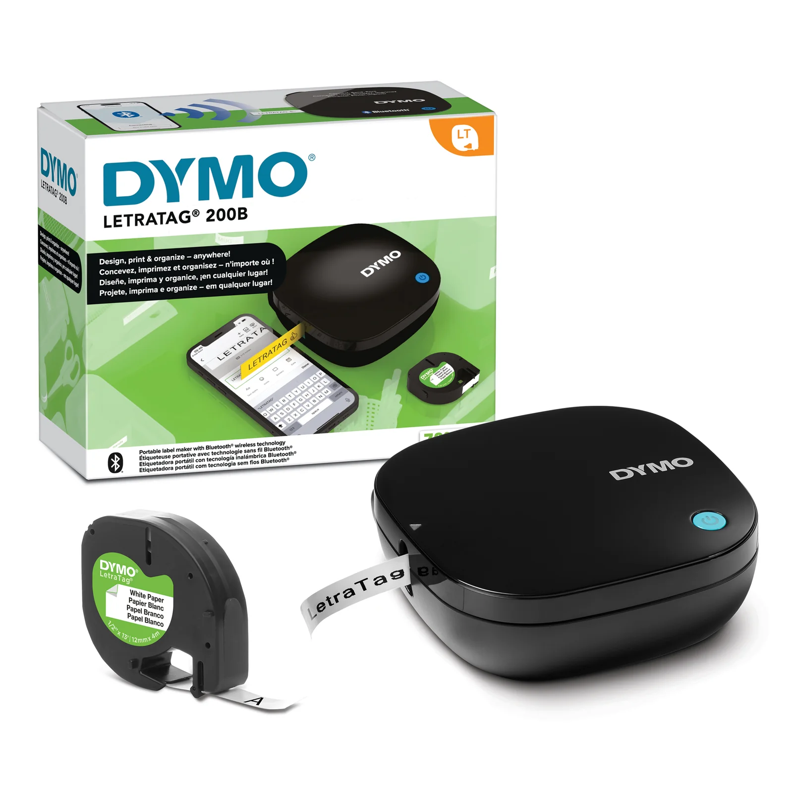 LetraTag 200B étiqueteuse Bluetooth | Imprimante d'étiquettes compacte | Se connecte à iOS et Android à l'aide de la technologie Bluetooth sans fil | Inclut 1 ruban en papier blanc