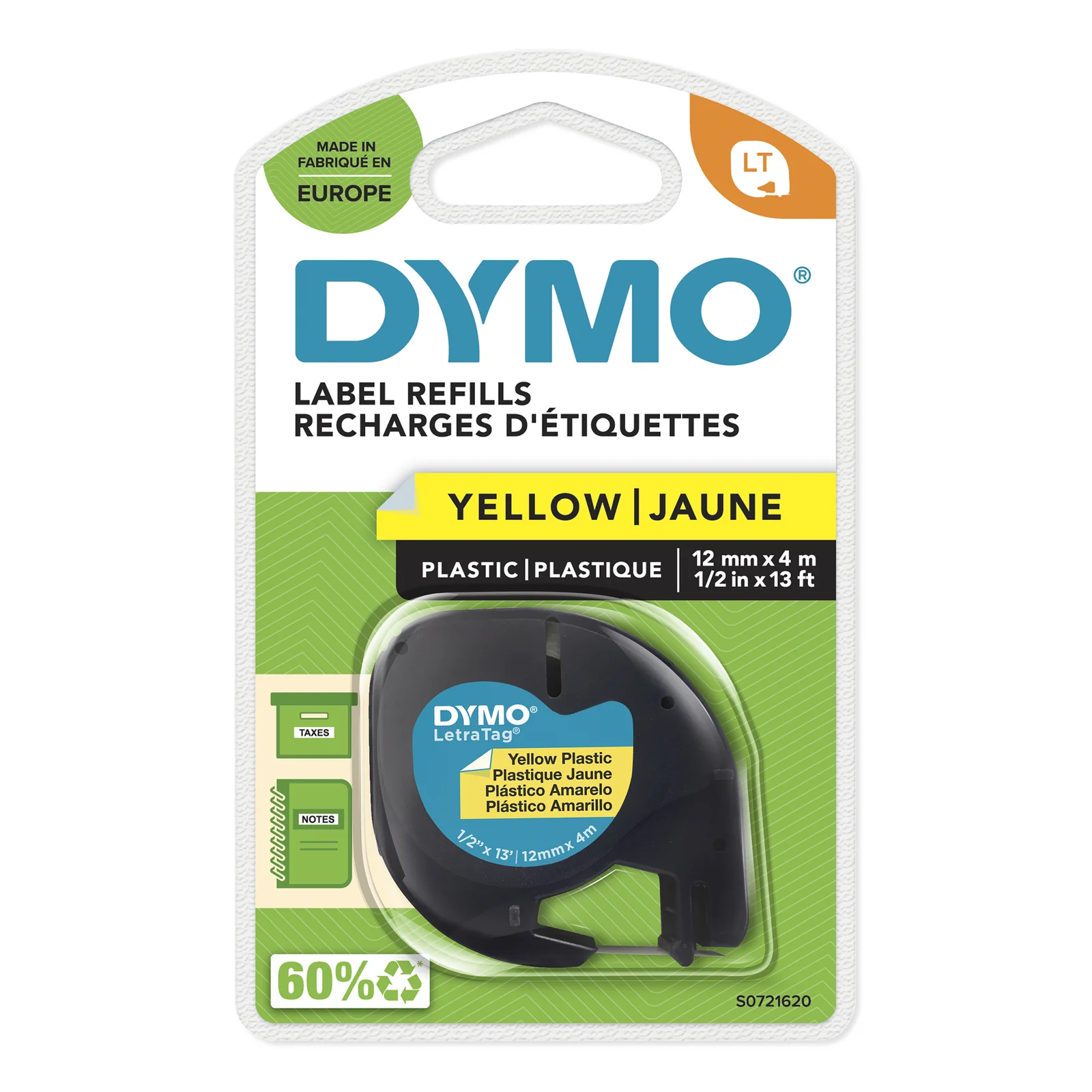 DYMO LetraTag Étiquettes en plastique Authentique | 12 mm x 4 m | impression en noir sur fond jaune | Étiquettes autocollantes pour étiqueteuse LetraTag