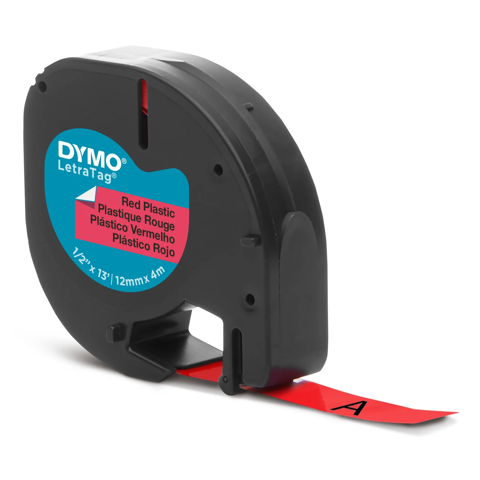 DYMO LetraTag Étiquettes en plastique Authentique | 12 mm x 4 m | impression en noir sur fond rouge | Étiquettes autocollantes pour étiqueteuse LetraTag
