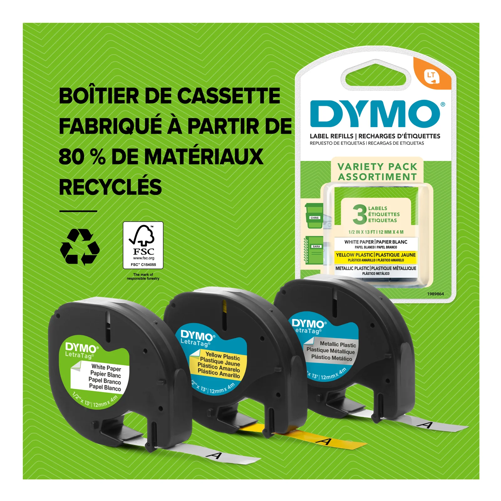 DYMO LetraTag Étiquettes en plastique Authentique | 12 mm x 4 m | impression en noir sur fond vert | Étiquettes autocollantes pour étiqueteuse LetraTag