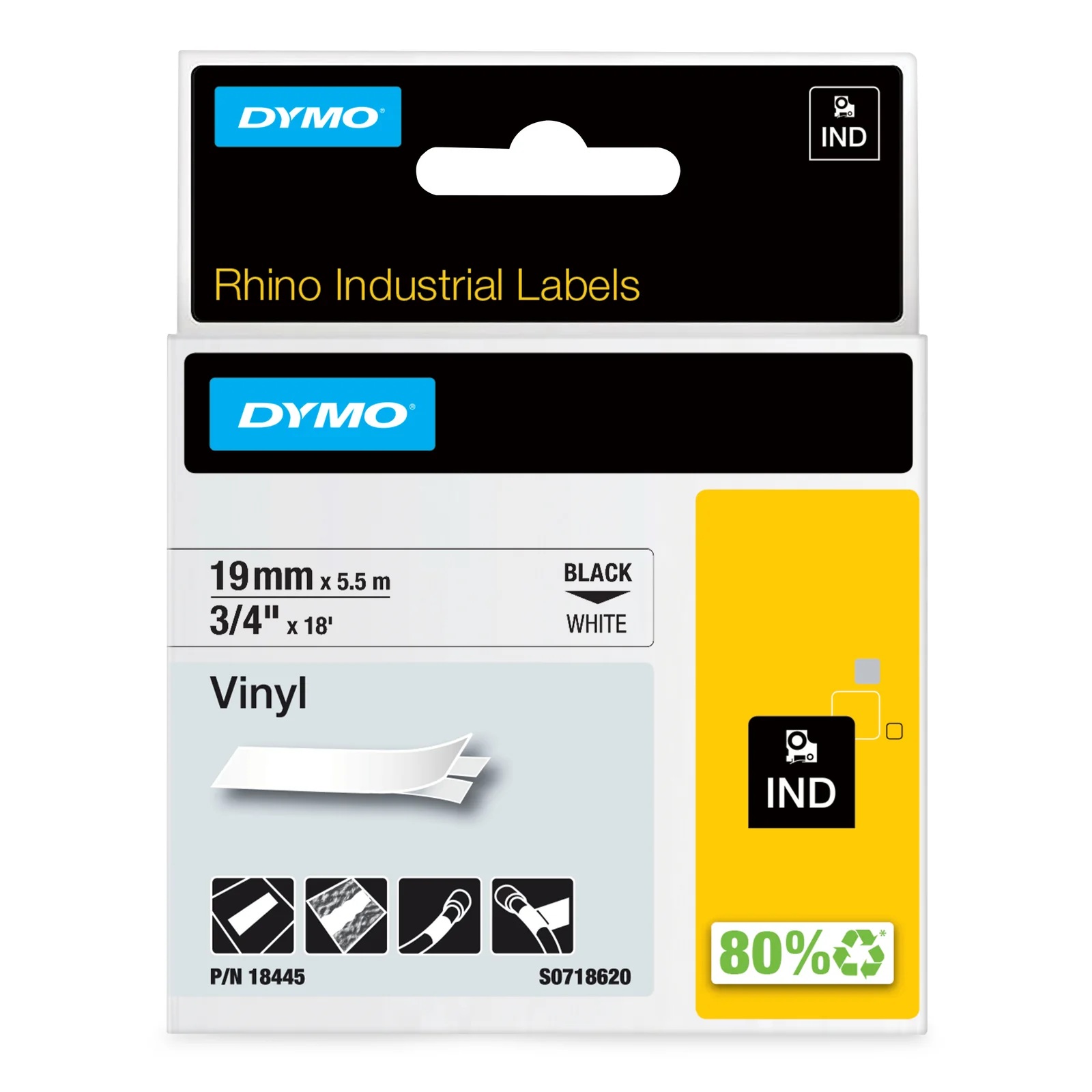 Rhino Étiquettes en vinyle industrielles | 19 mm x 5,5 m | autocollantes impression en noir sur fond blanc | pour étiqueteuses Rhino et LabelManager