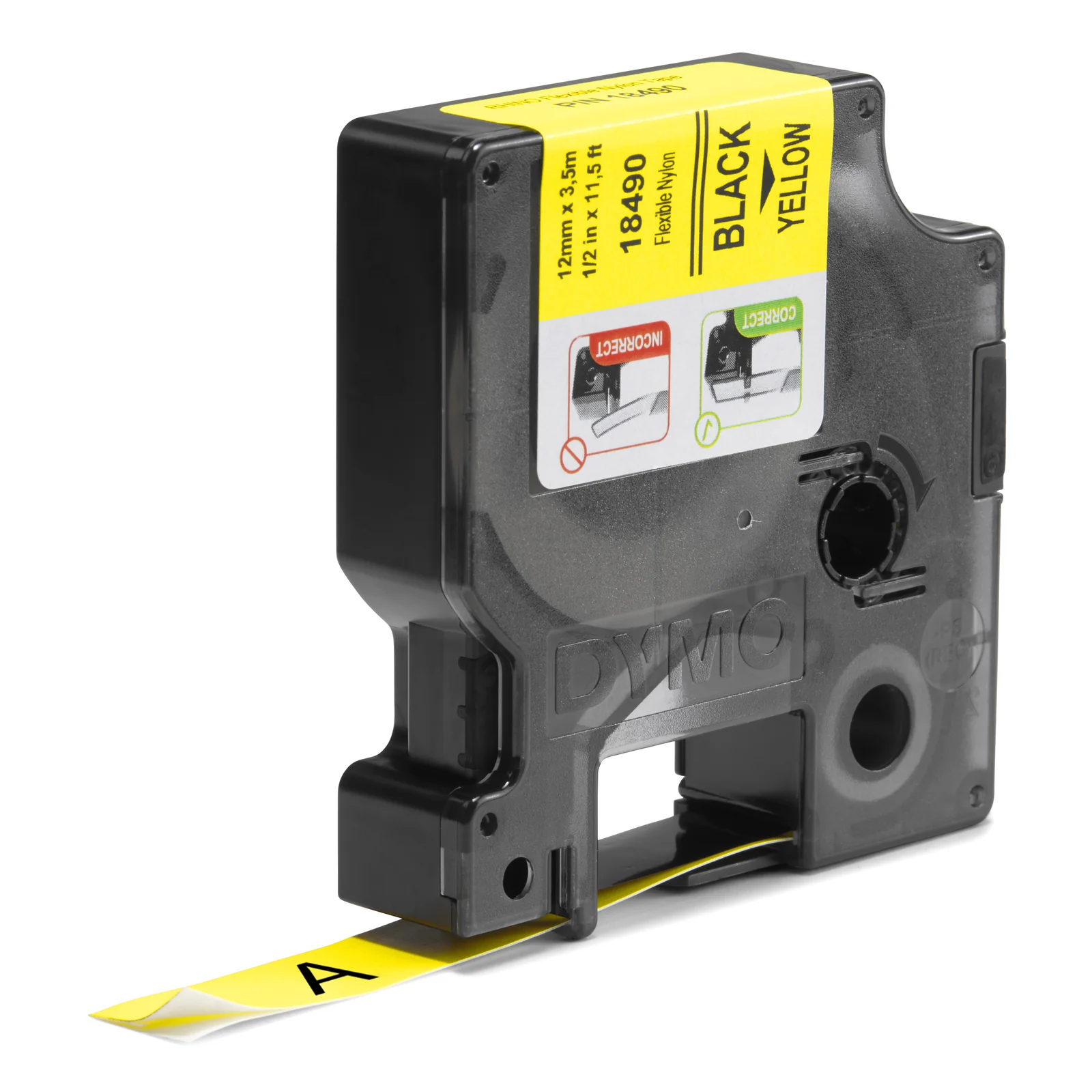 DYMO Rhino Étiquettes industrielles | Nylon flexible | rouleau de 12 mm x 3,5 m | autocollantes impression en noir sur fond jaune | pour étiqueteuses Rhino et LabelManager
