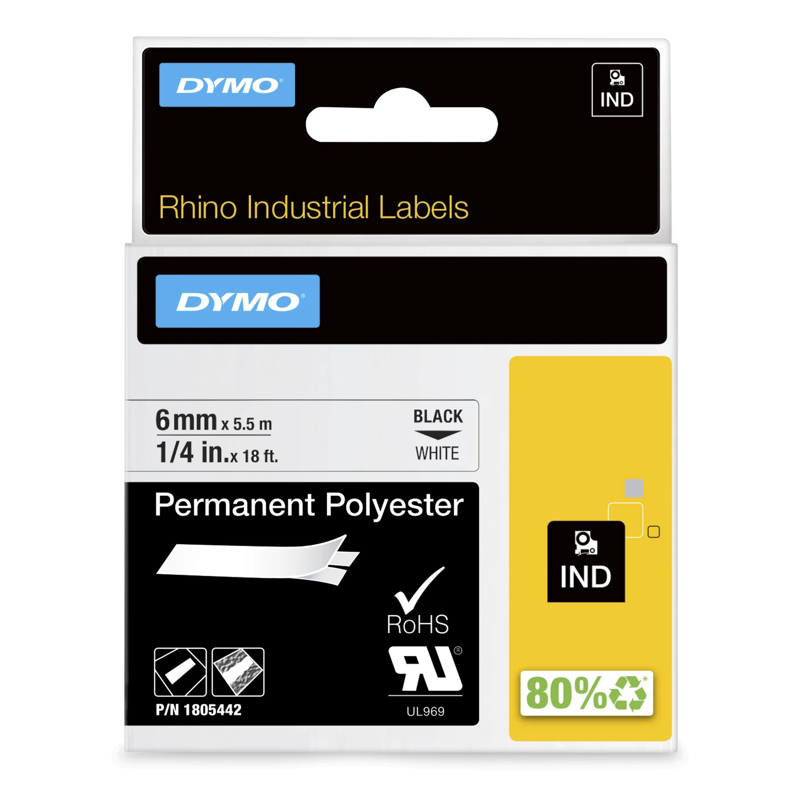 Rhino Étiquettes Industrielles | polyester permanent | 6 mm x 5,5 m | autocollantes impression en Noir sur fond blanc | pour étiqueteuses Rhino et LabelManager