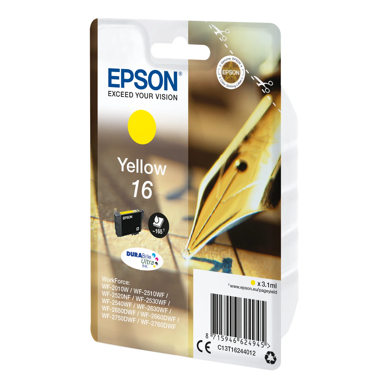 Blister Epson 16 jaune C13T16244012 vu de trois quarts avec visuel plume calligraphique