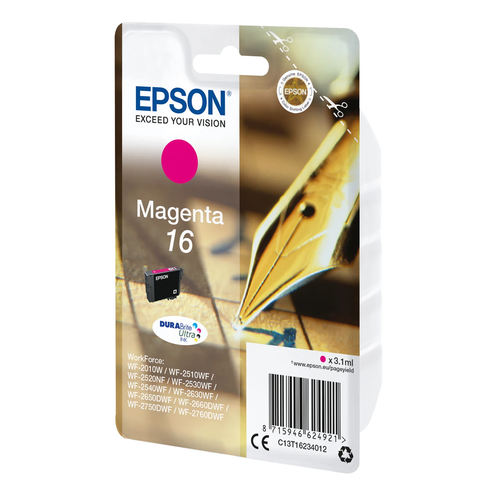 Blister Epson 16 magenta C13T16234022 vu de trois quarts avec visuel plume calligraphique
