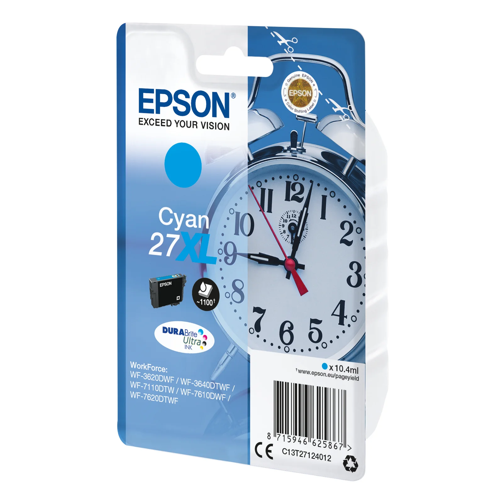 Cartouche d'encre Epson 27XL Cyan série Réveil DURABrite Ultra 10,4 ml, vue trois quarts de l'emballage blister