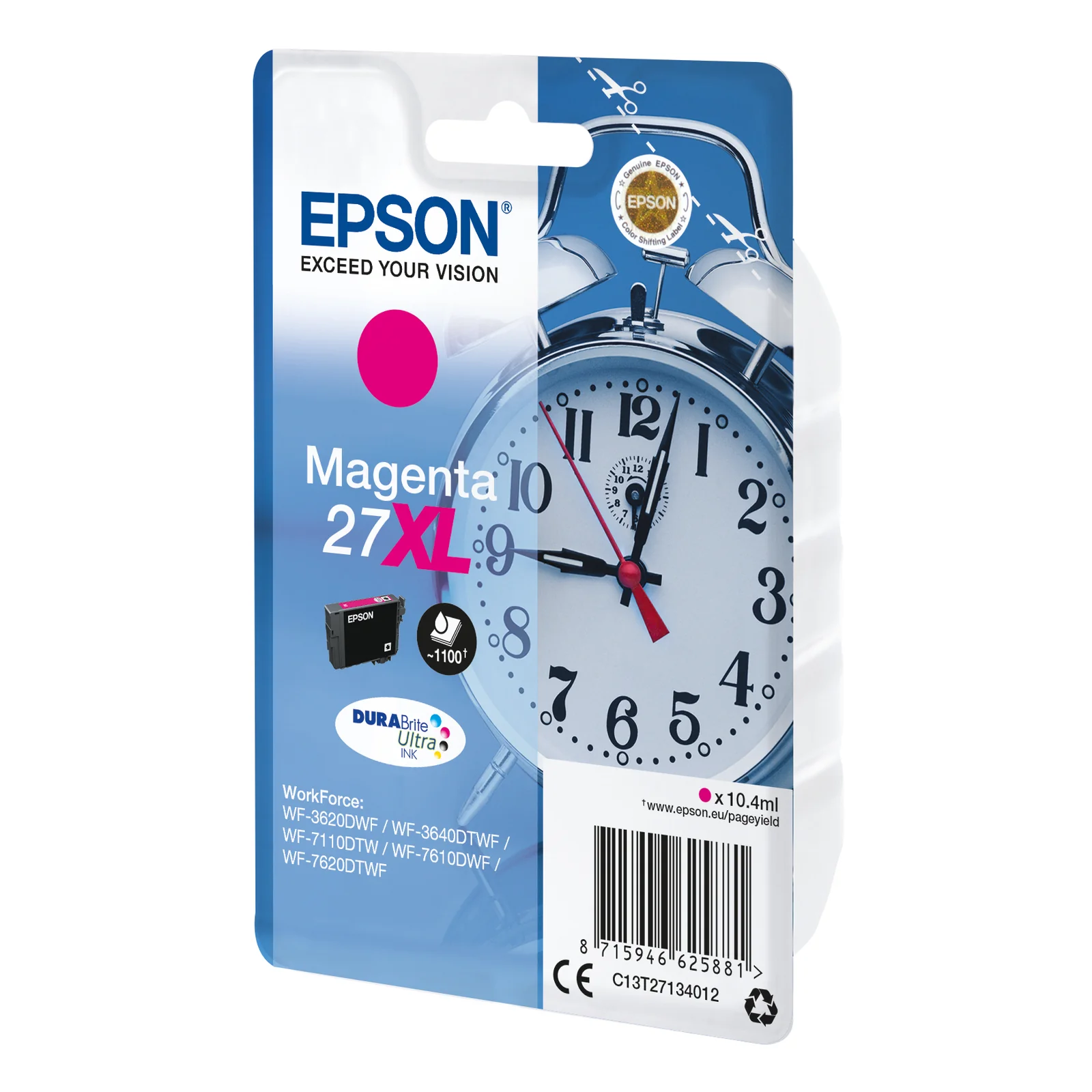 Cartouche d'encre Epson 27XL Magenta série Réveil DURABrite Ultra 10,4 ml, vue trois quarts de l'emballage blister