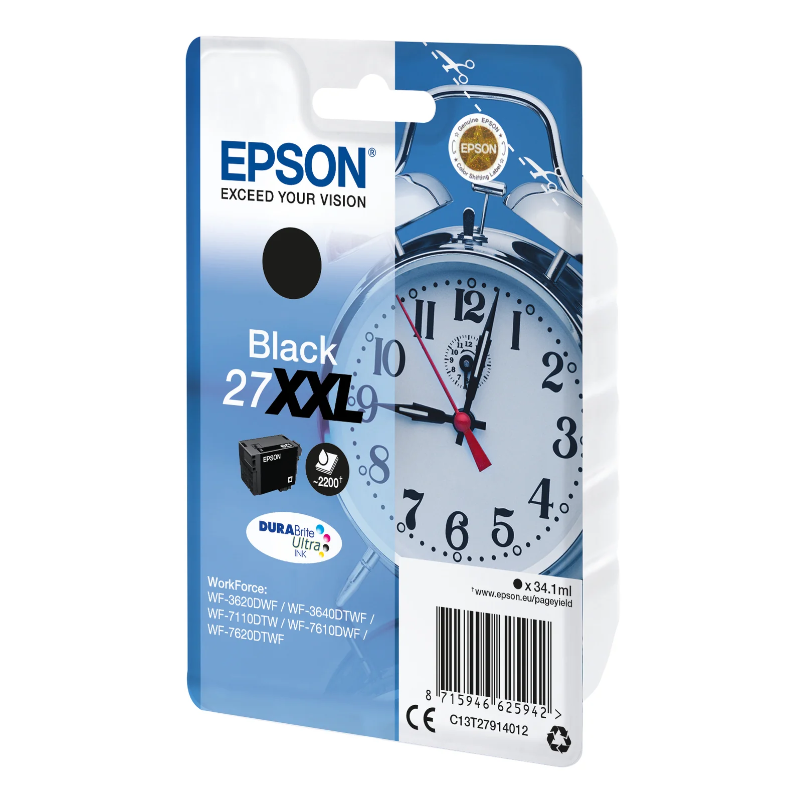 Vue trois quarts du même blister Epson 27XXL noir avec code-barres et référence C13T27914012 visibles