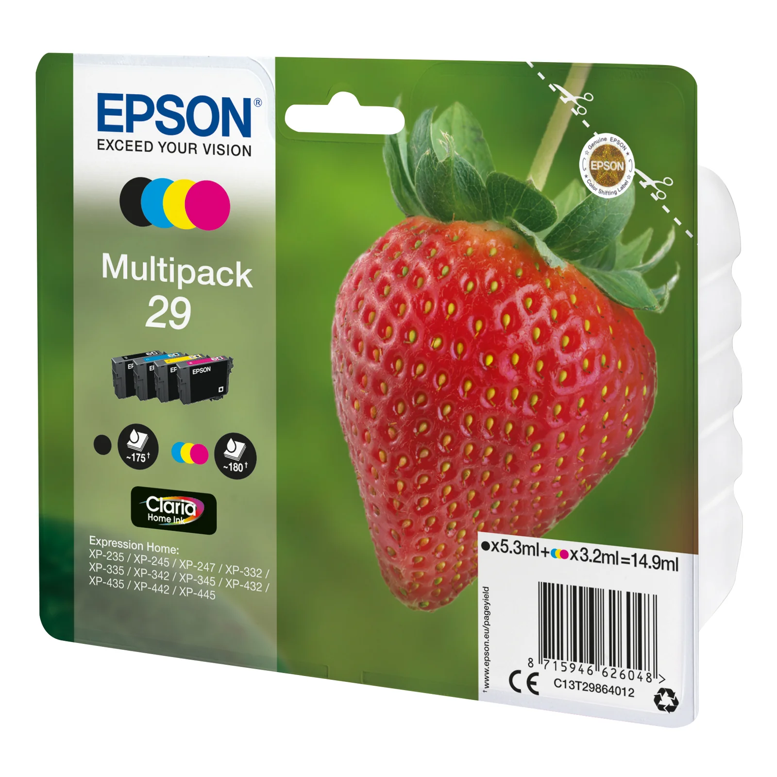 Vue trois-quarts du blister multipack Epson 29 Fraise montrant les volumes 5,3 ml et 3,2 ml et la liste des imprimantes Expression Home compatibles