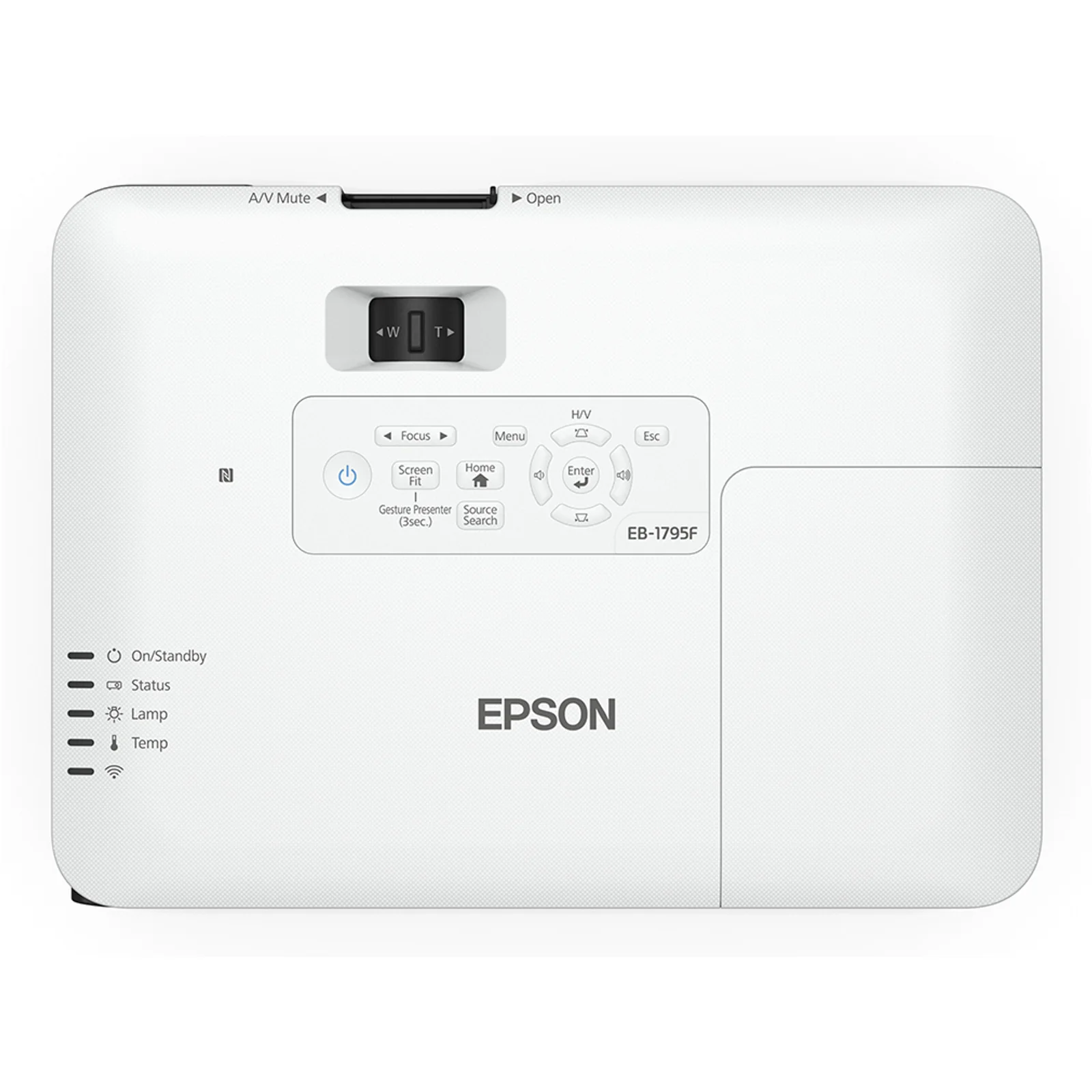 Vue de dessus du vidéoprojecteur Epson EB-1795F avec panneau de commande détaillé
