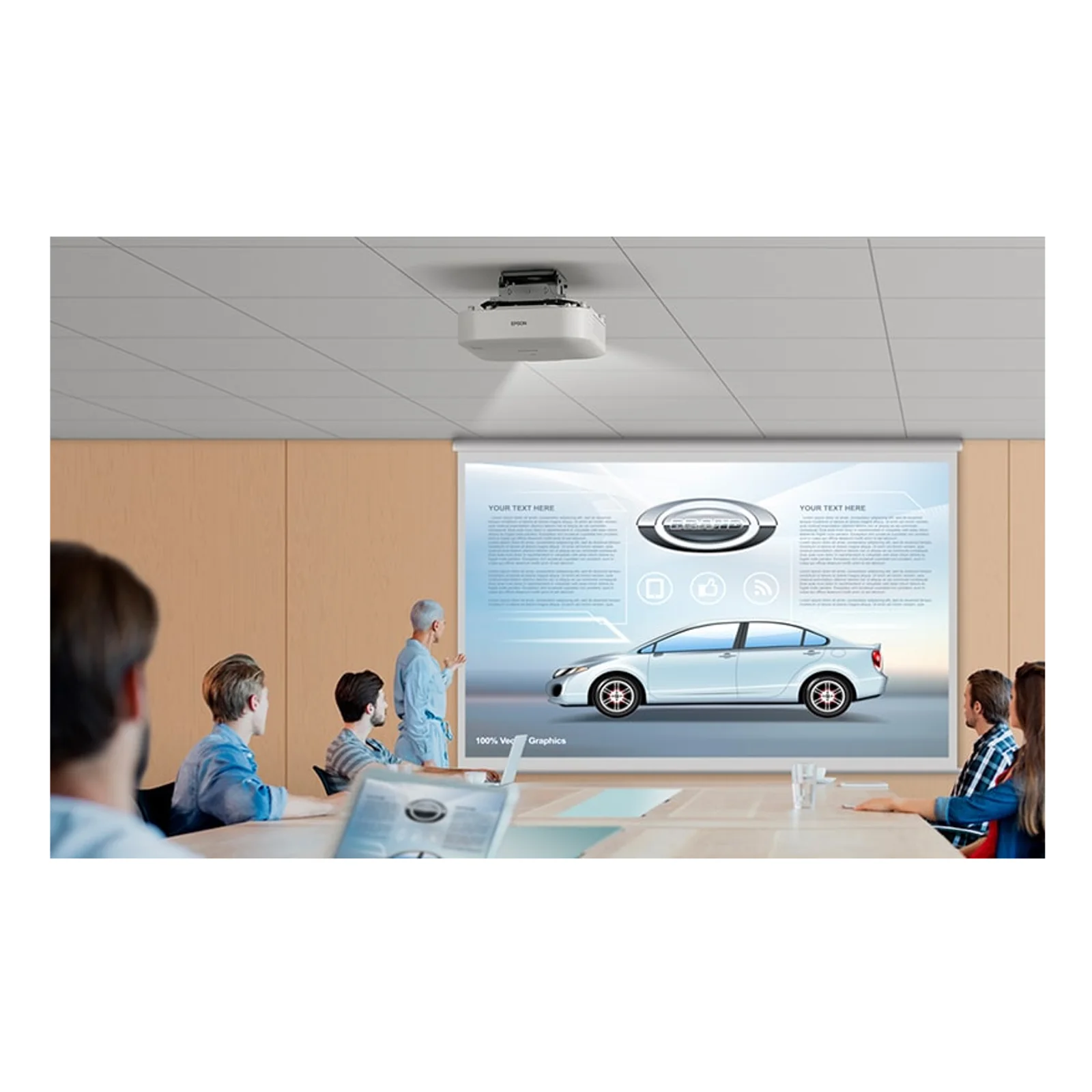 Epson EB-PU1008W fixé au plafond d'une salle de réunion projetant une présentation produit