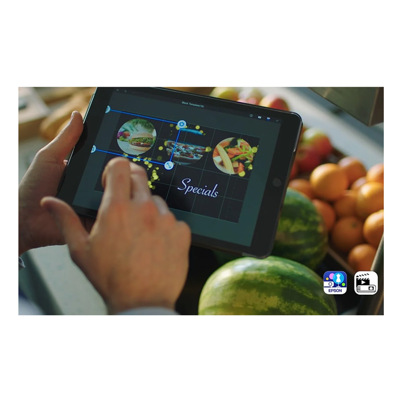 Tablette pilotant la signalétique dynamique d'un étal de fruits