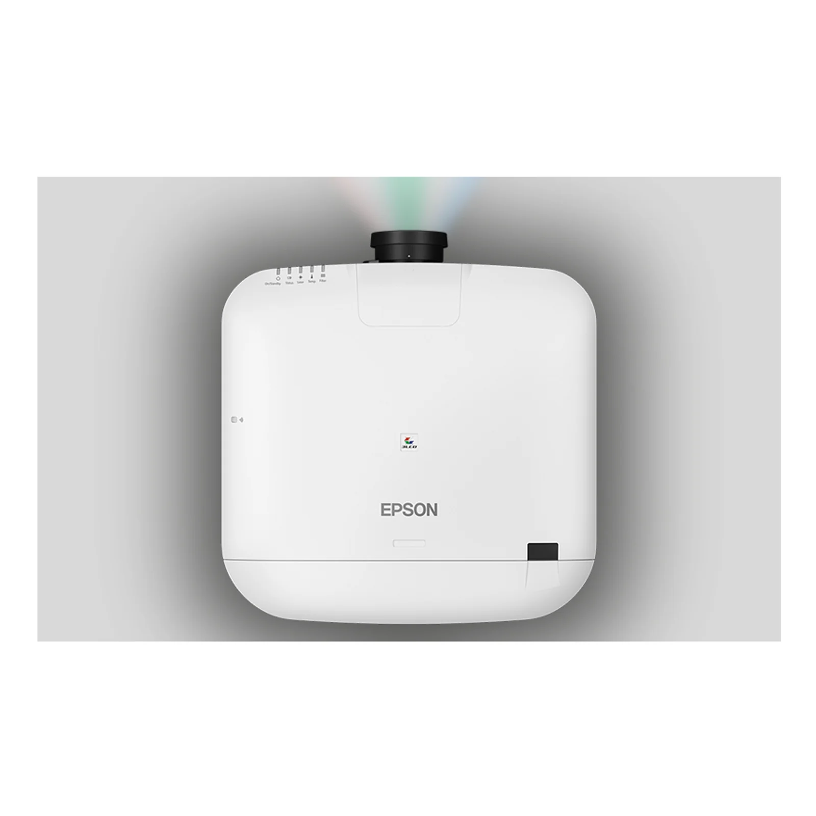 Epson EB-PU1008W vu du dessus, objectif retiré et faisceau lumineux symbolisé