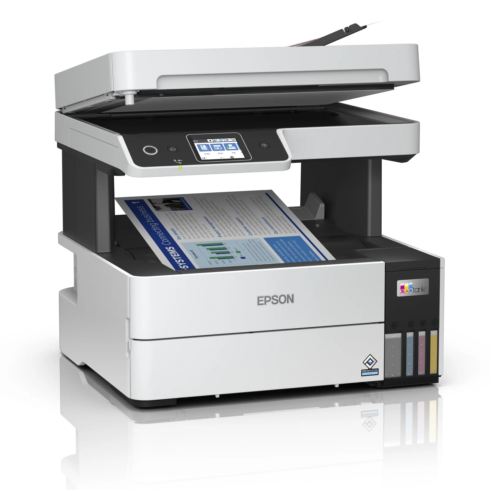 Epson EcoTank ET-5170 vue de face avec ADF chargé et document en sortie