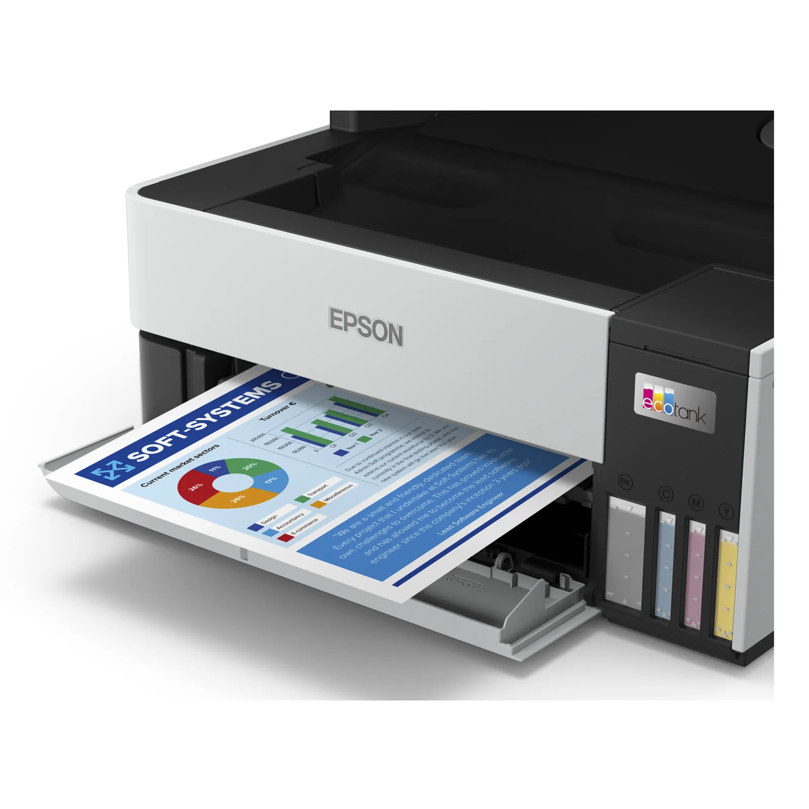 Epson EcoTank ET-5170 imprimant un document couleur, vue rapprochée