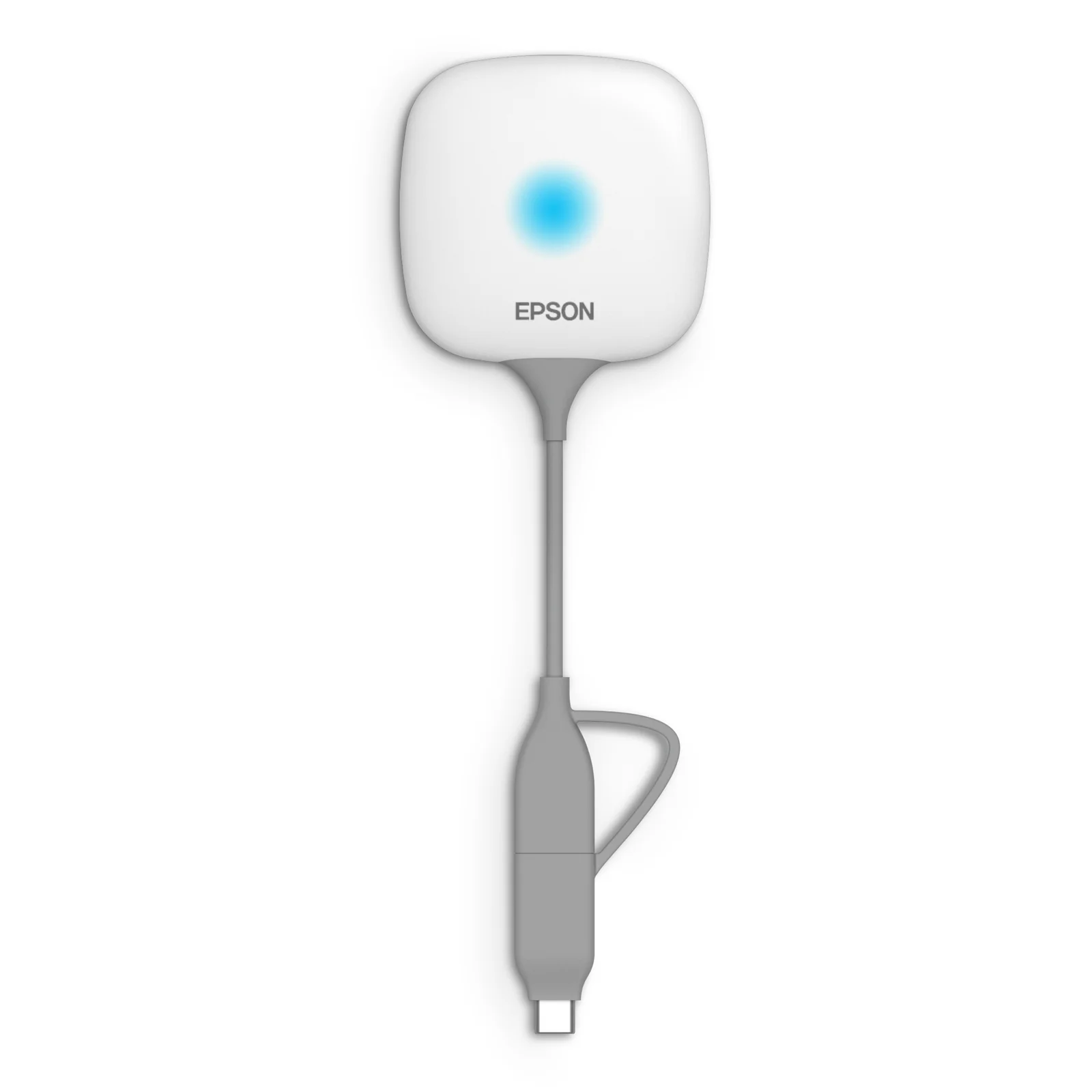 Émetteur Epson ELPWP20 avec LED bleue active posé à plat, vue trois quarts