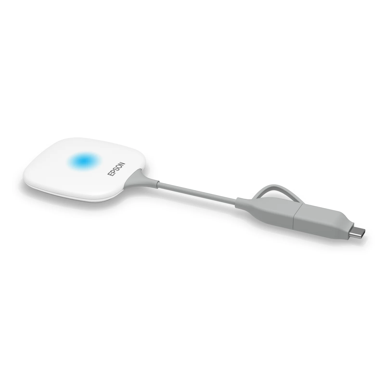 Émetteur Epson ELPWP20 posé à plat avec câble USB-A et USB-C visible