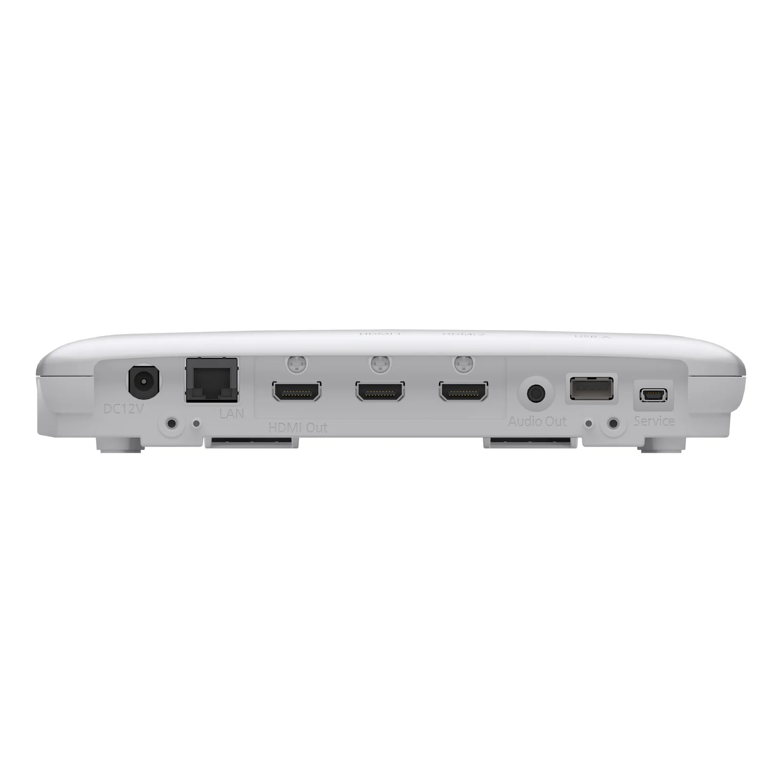 Façade arrière du récepteur Epson ELPWP20 avec ports DC 12V, LAN, 3 HDMI, sortie audio, USB et service
