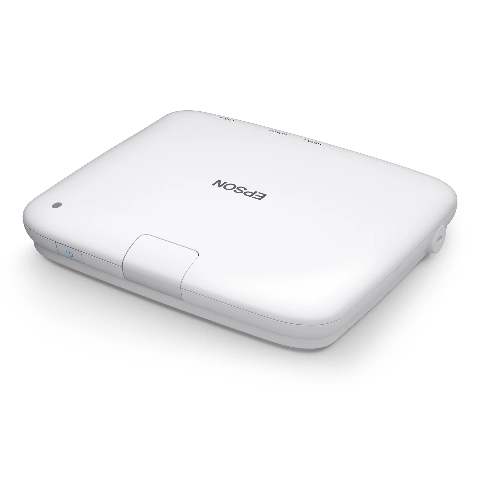 Récepteur Epson ELPWP20 vu en perspective haute avec bouton d'alimentation et étiquettes de ports
