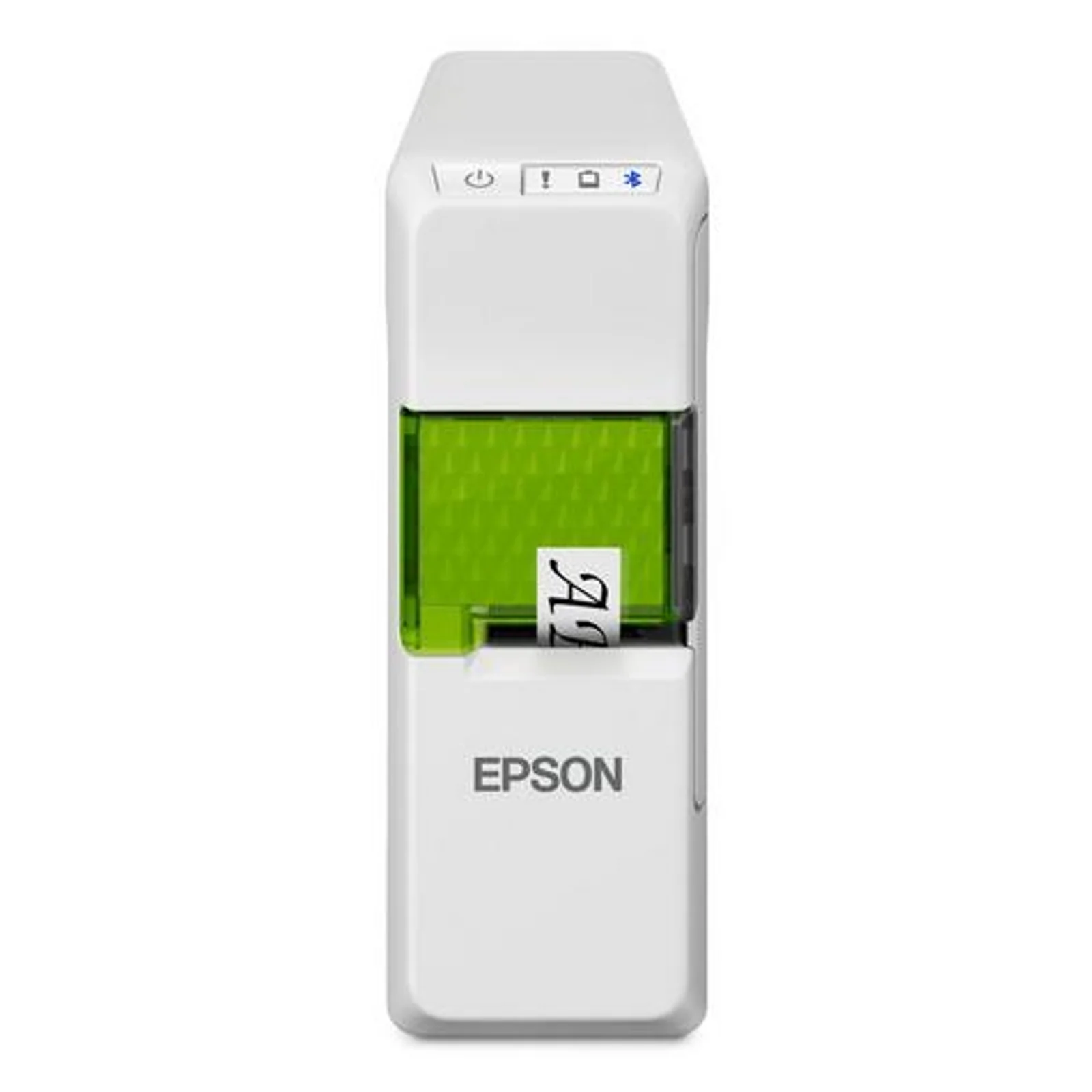 Epson LabelWorks LW-C410 vue de face avec étiquette en cours d'impression sortant de la fente de la cassette ruban