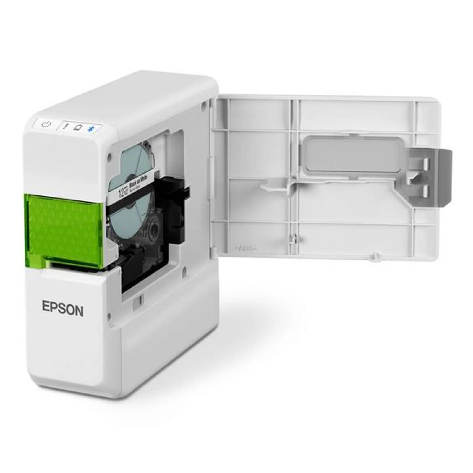 Epson LW-C410 capot ouvert montrant l'emplacement de la cassette ruban LC 12 mm noir sur blanc