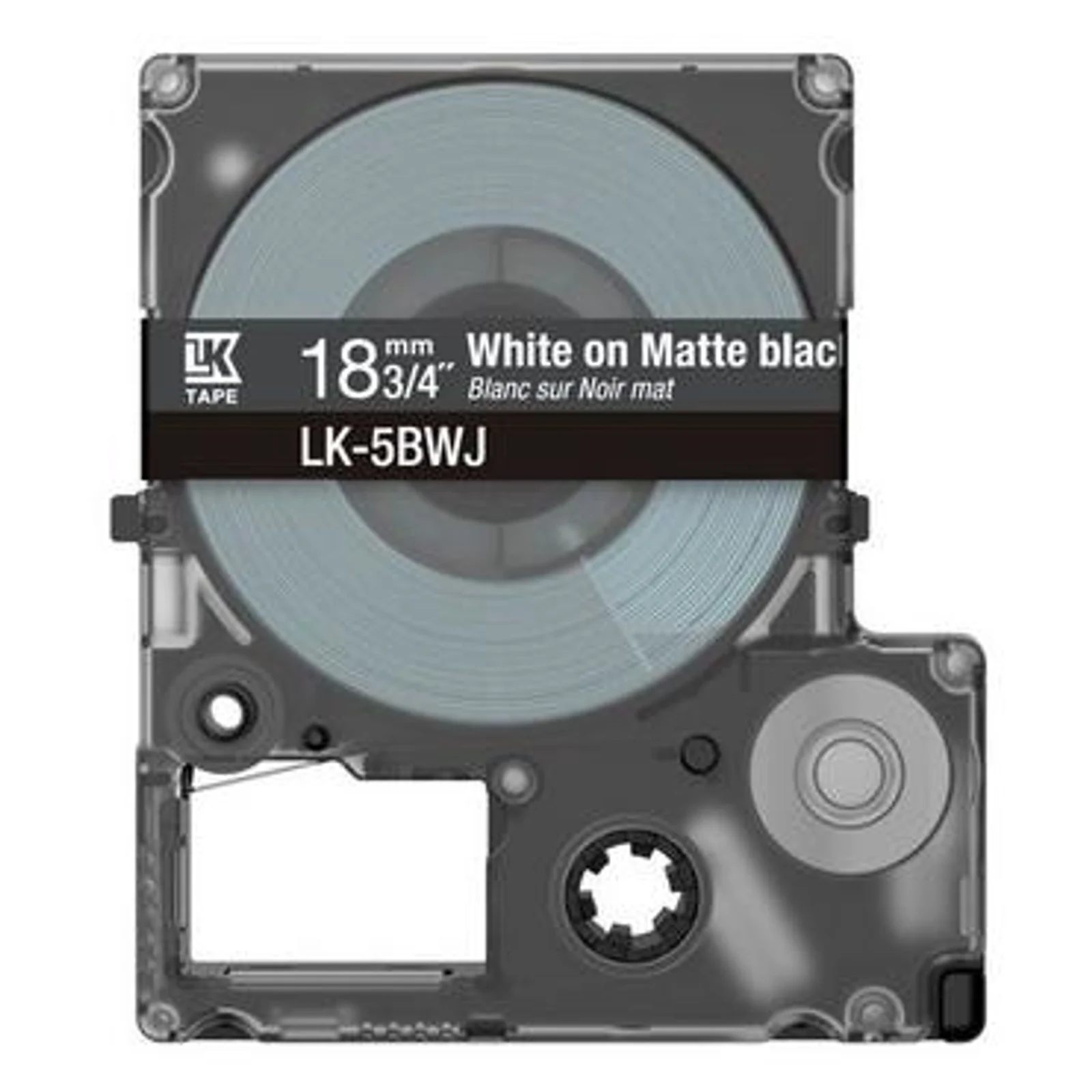 Cassette de ruban LK-5BWJ vue de face, bobine grise dans son boîtier transparent et étiquette indiquant 18 mm blanc sur noir mat