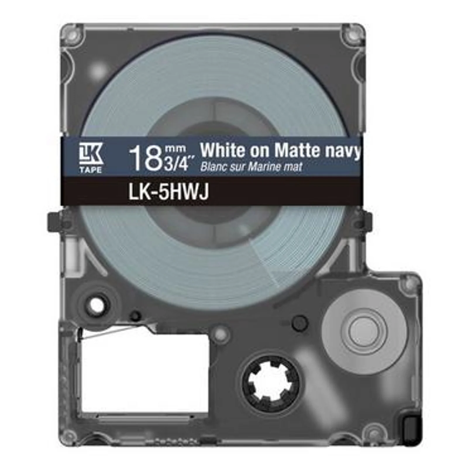 Cassette de ruban LK-5HWJ vue de face, bobine grise dans son boîtier transparent et étiquette indiquant 18 mm blanc sur marine mat