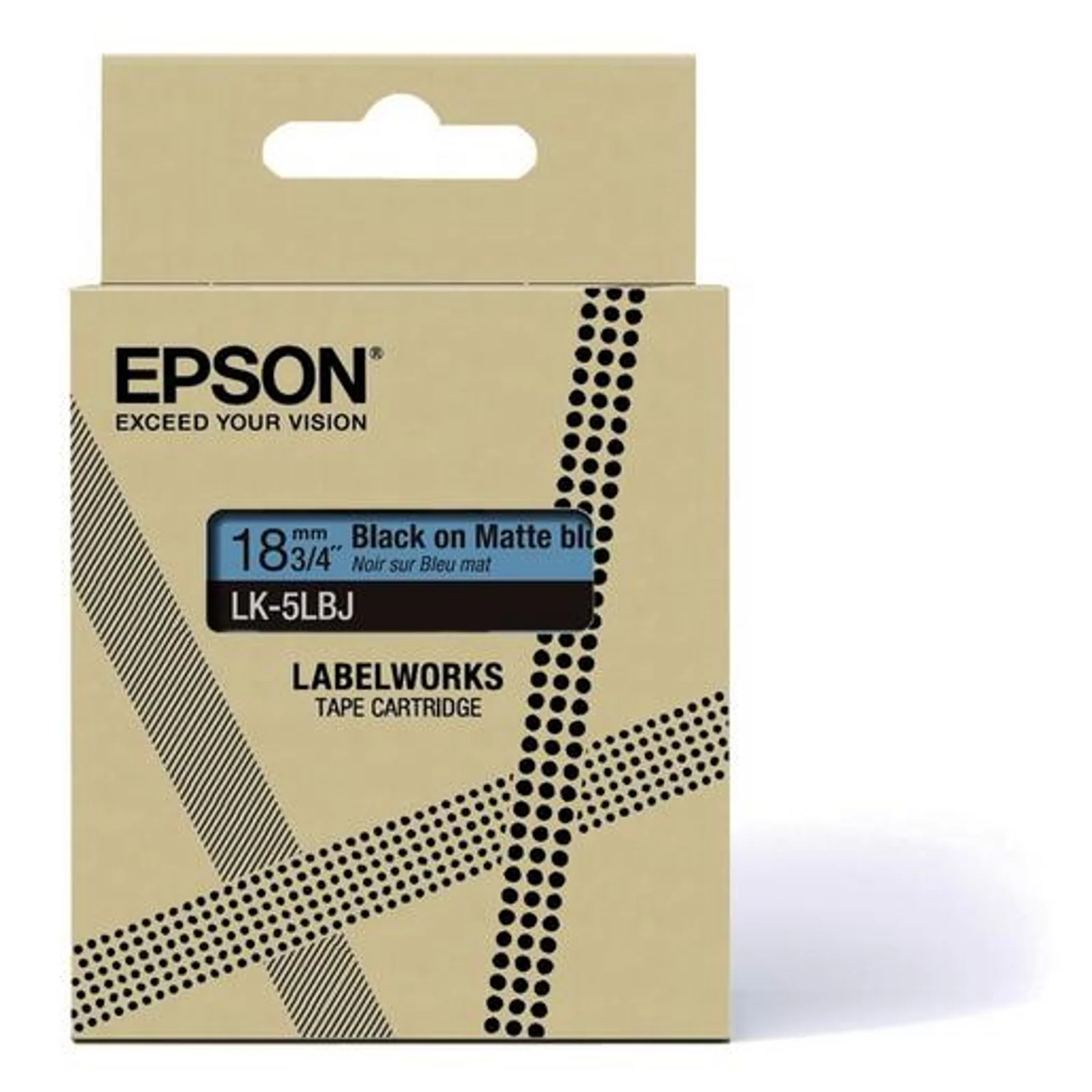 Boîte Epson LabelWorks LK-5LBJ marquée 18 mm noir sur bleu mat, vue de face de l'emballage carton