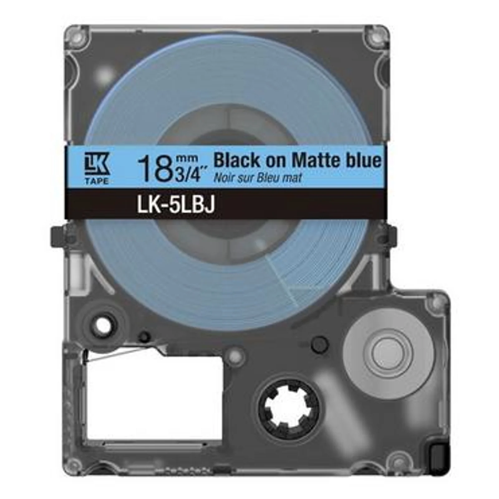 Cassette de ruban LK-5LBJ vue de face, étiquette bleue 18 mm noir sur bleu mat sur boîtier transparent