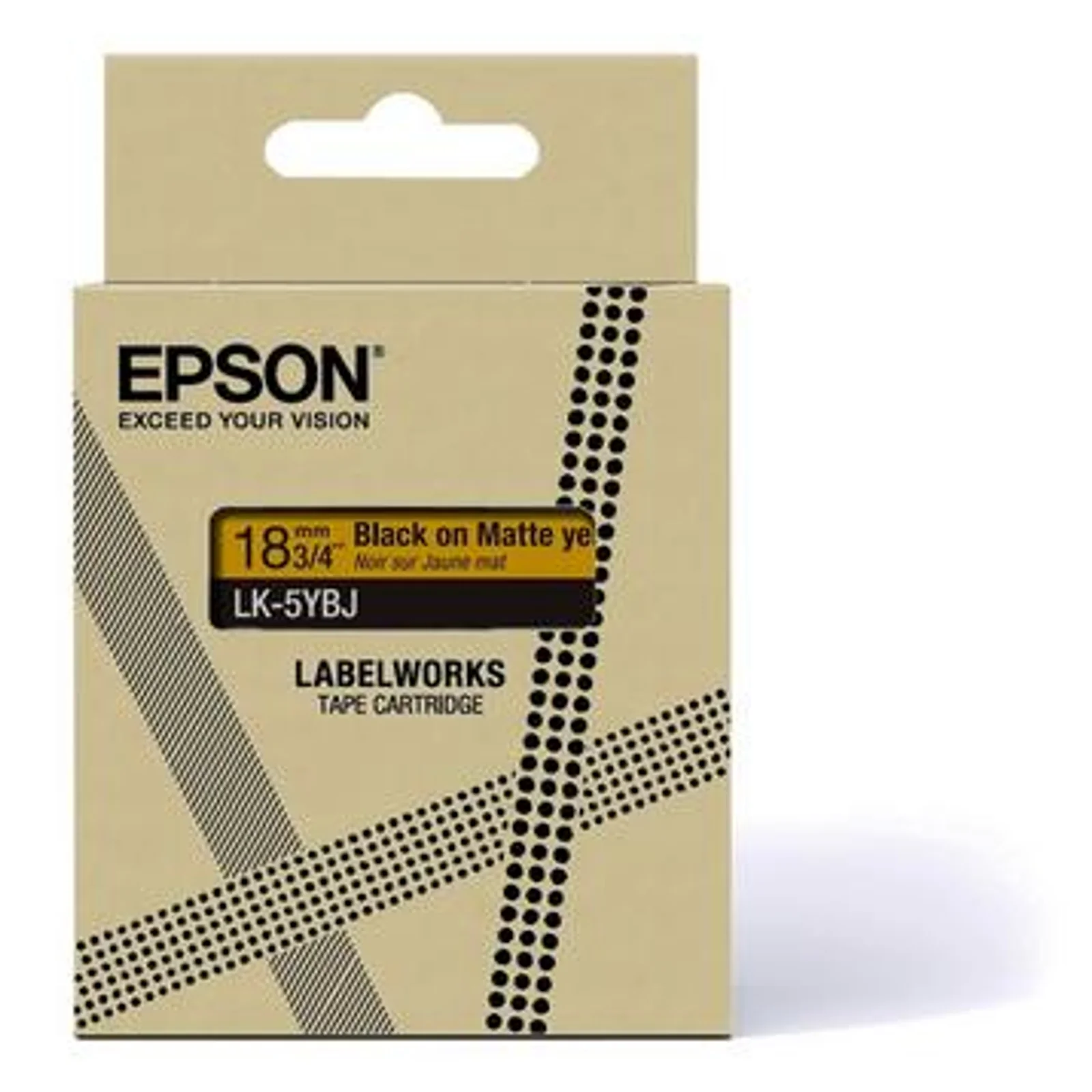 Boîte Epson LabelWorks LK-5YBJ marquée 18 mm noir sur jaune mat, vue de face de l'emballage carton