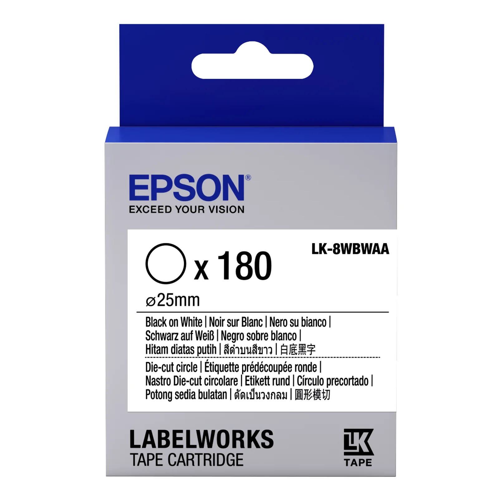 LK-8WBWAA - Etiquettes prédécoupées Rondes - Noir sur Blanc - Diam. 25 mm (180 étiquettes)