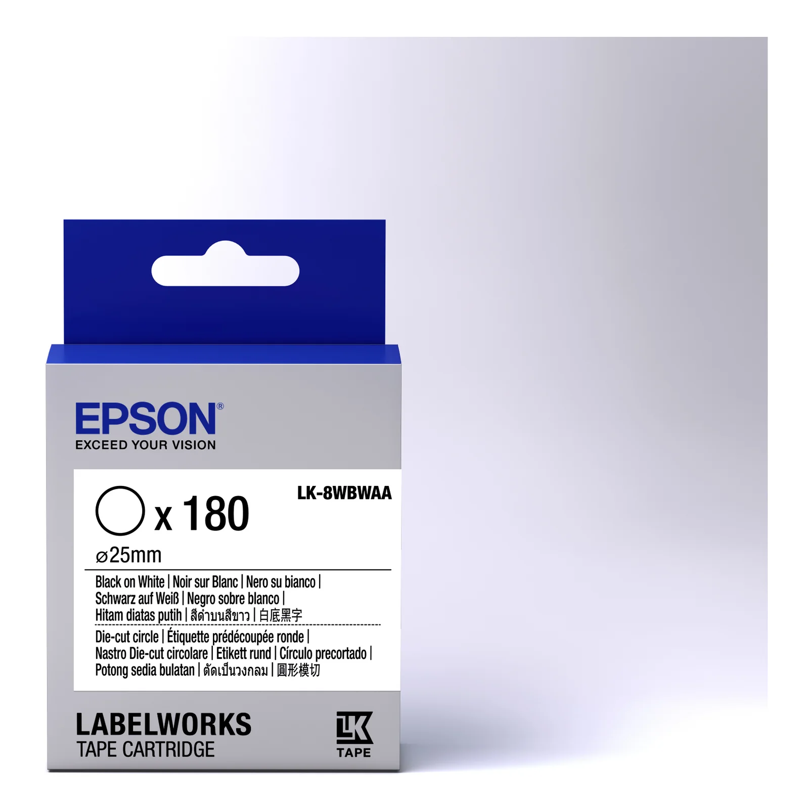 Epson LK-8WBWAA - Etiquettes prédécoupées Rondes - Noir sur Blanc - Diam. 25 mm (180 étiquettes)