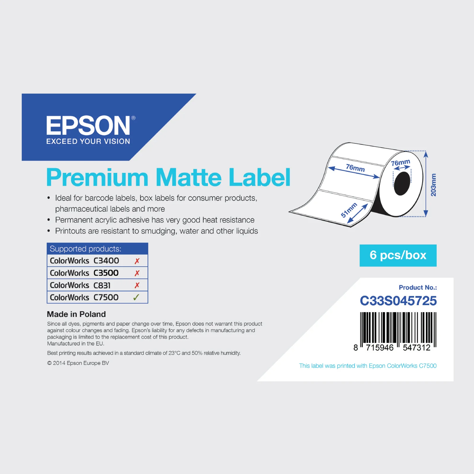Premium Matte Label - Die-cut Roll: 76mm x 51mm, 2310 labels