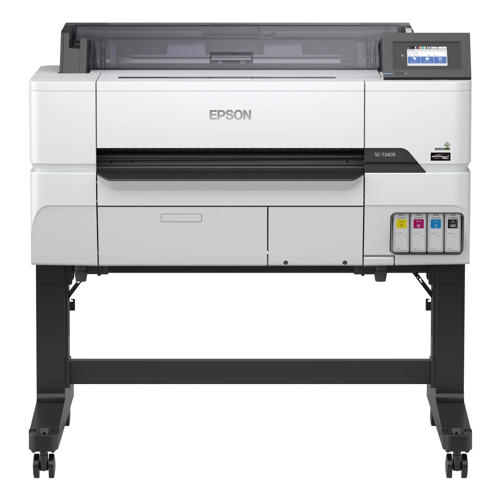 Traceur grand format Epson 24 pouces blanc avec capot transparent et étiquette SC-T3405, posé sur support roulant noir avec baie cartouches couleur