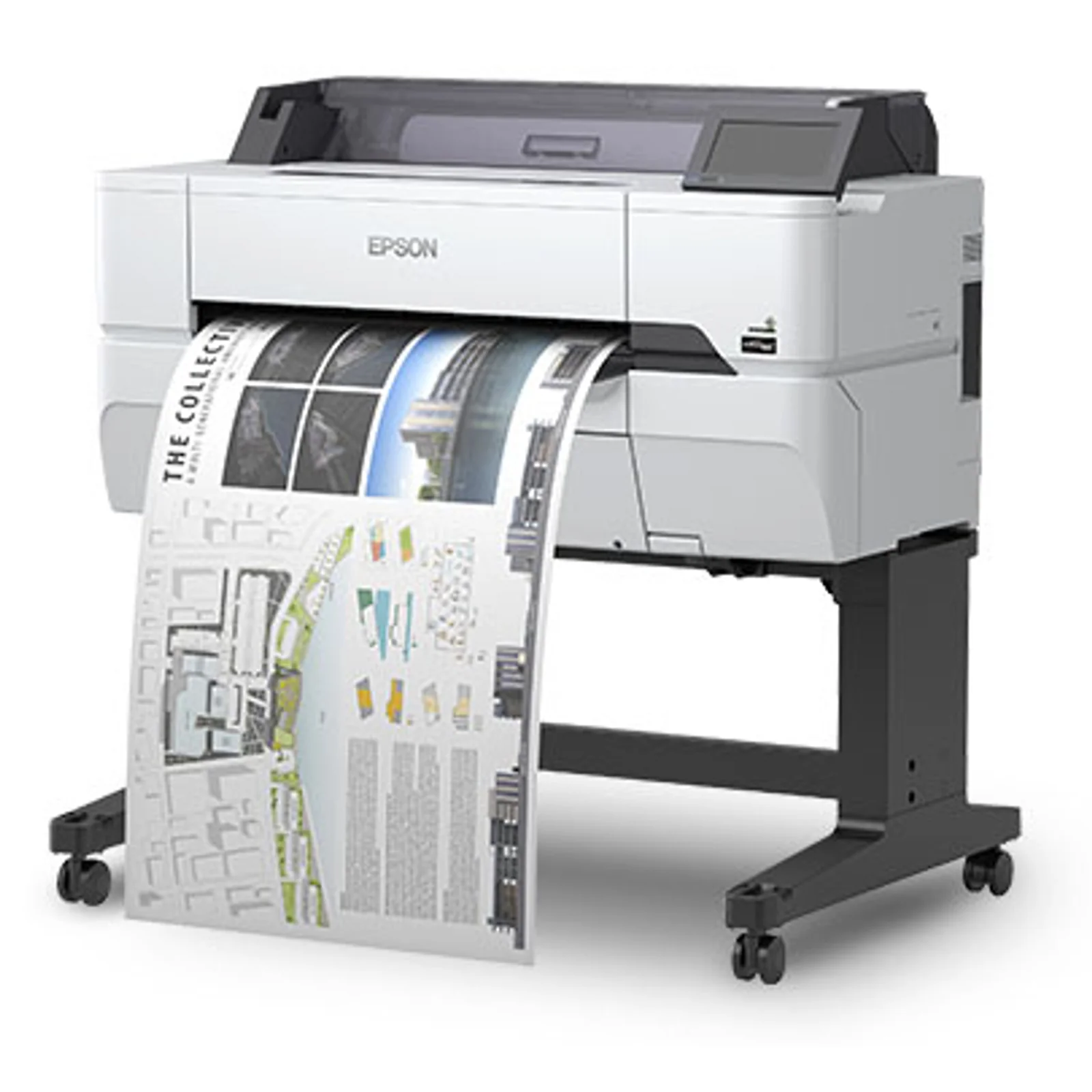 Traceur grand format Epson 24 pouces avec sortie de plans couleur enroulés devant le bac de réception, vu de trois quarts sur support roulant