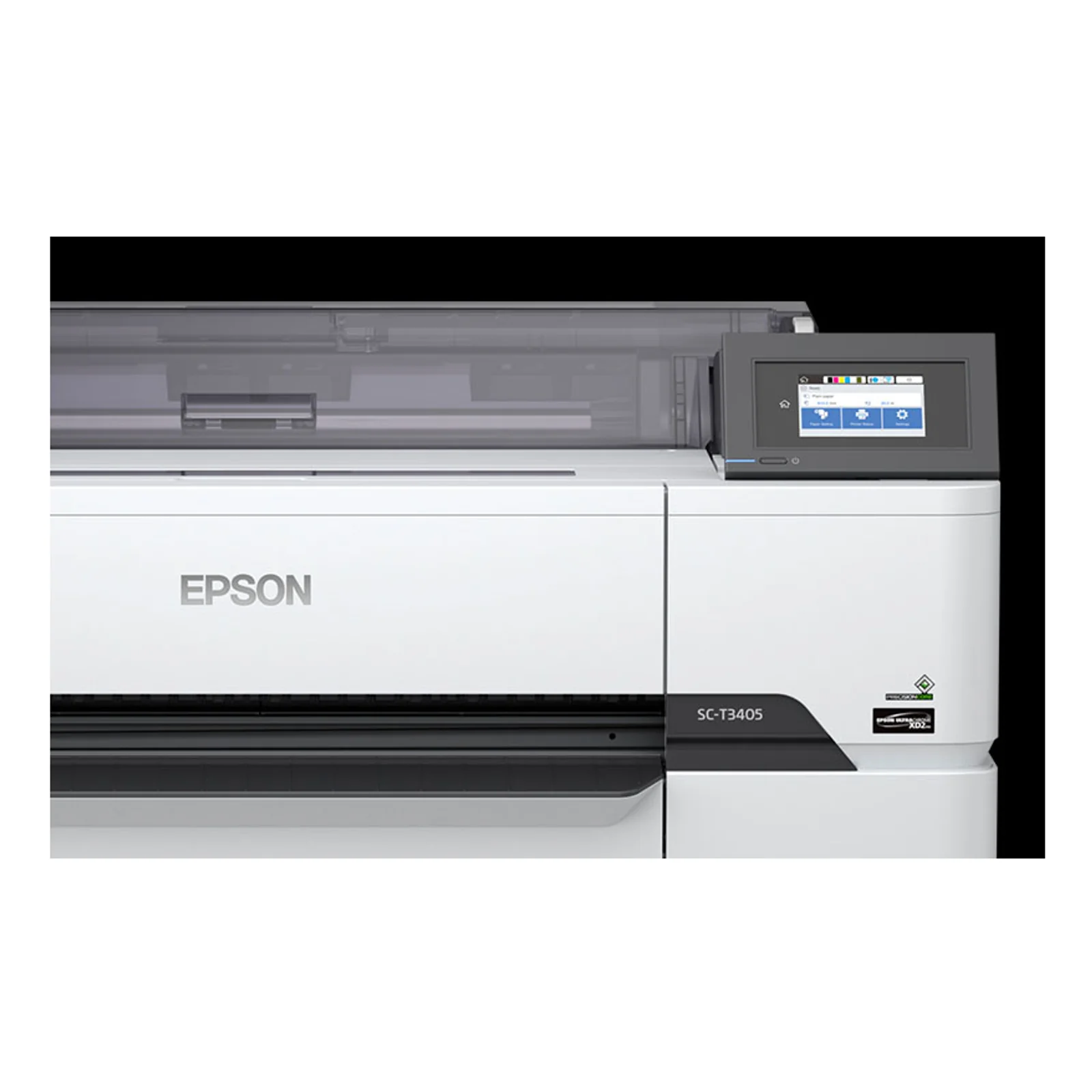 Détail du panneau frontal du traceur Epson SC-T3405 avec écran couleur tactile 4,3 pouces et logo UltraChrome XD2