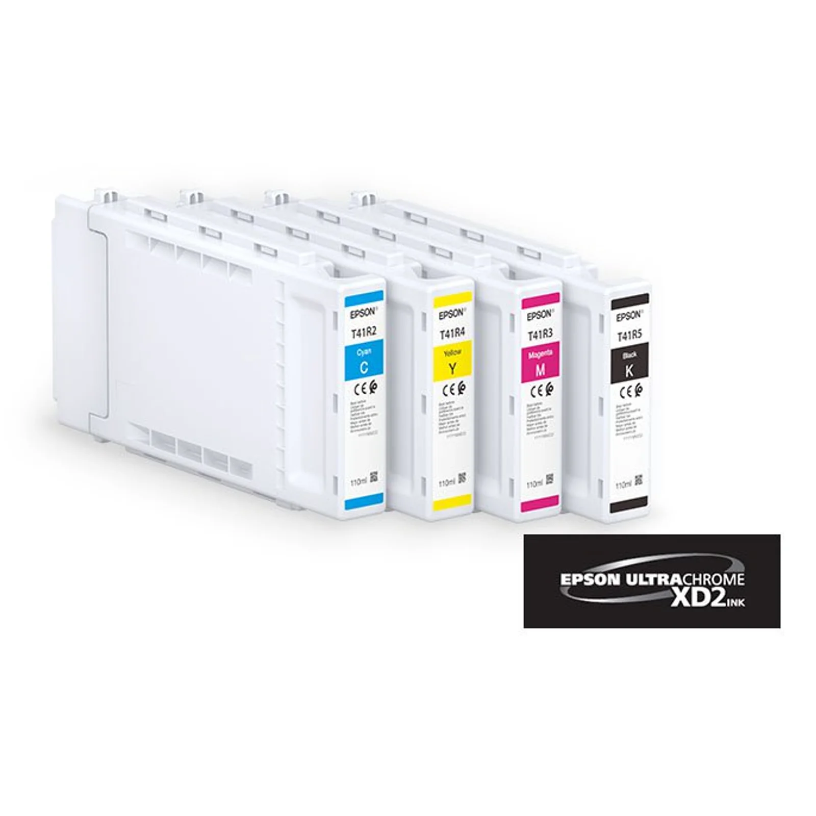 Quatre cartouches d'encre Epson UltraChrome XD2 cyan, jaune, magenta et noir 110 ml présentées en perspective avec logo de la gamme