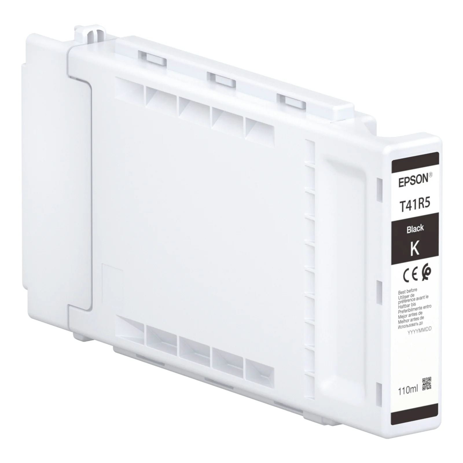 Cartouche d'encre Epson UltraChrome XD2 noire T41R5 au format 110 ml présentée en perspective sur fond blanc