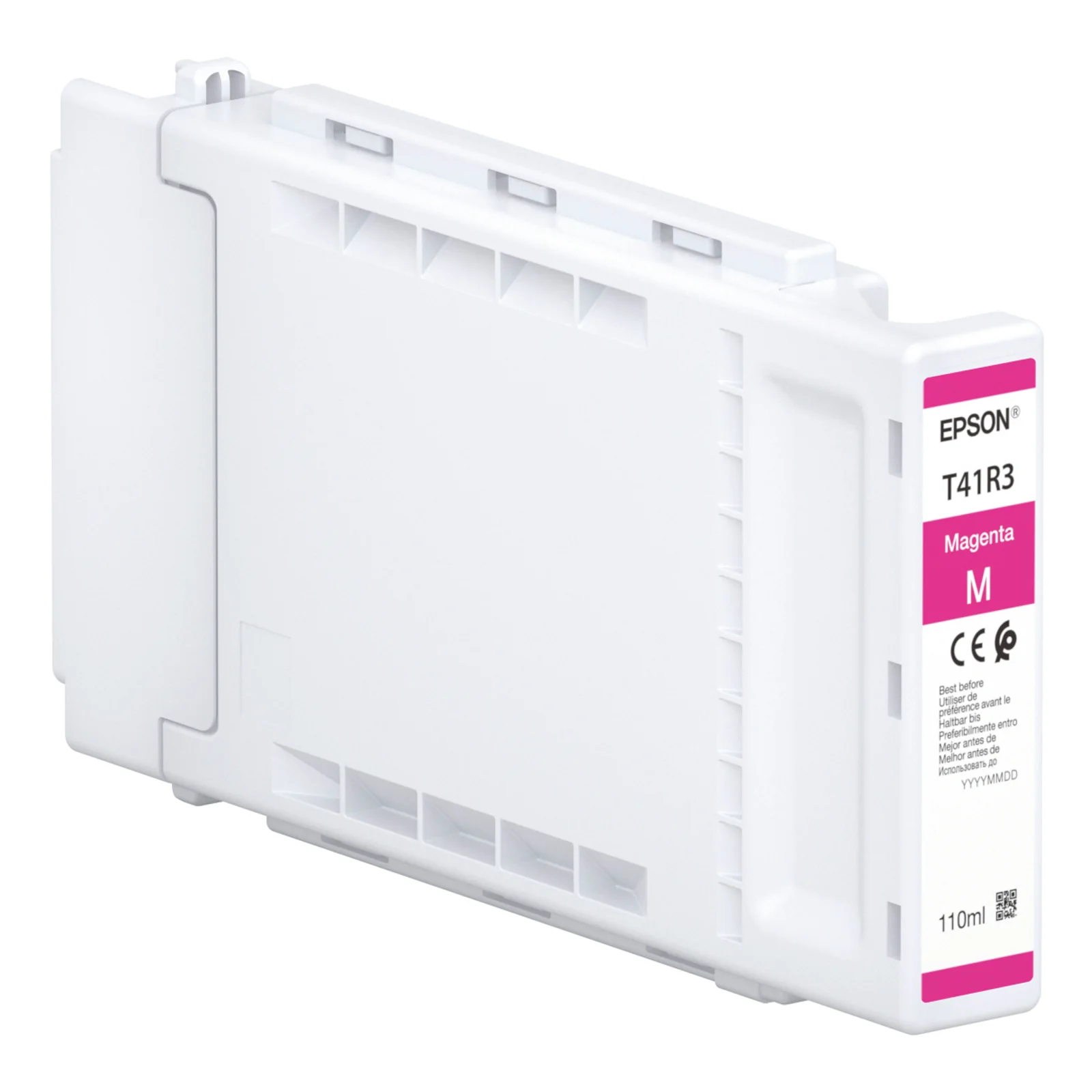 Cartouche d'encre Epson UltraChrome XD2 magenta T41R3 au format 110 ml présentée en perspective sur fond blanc